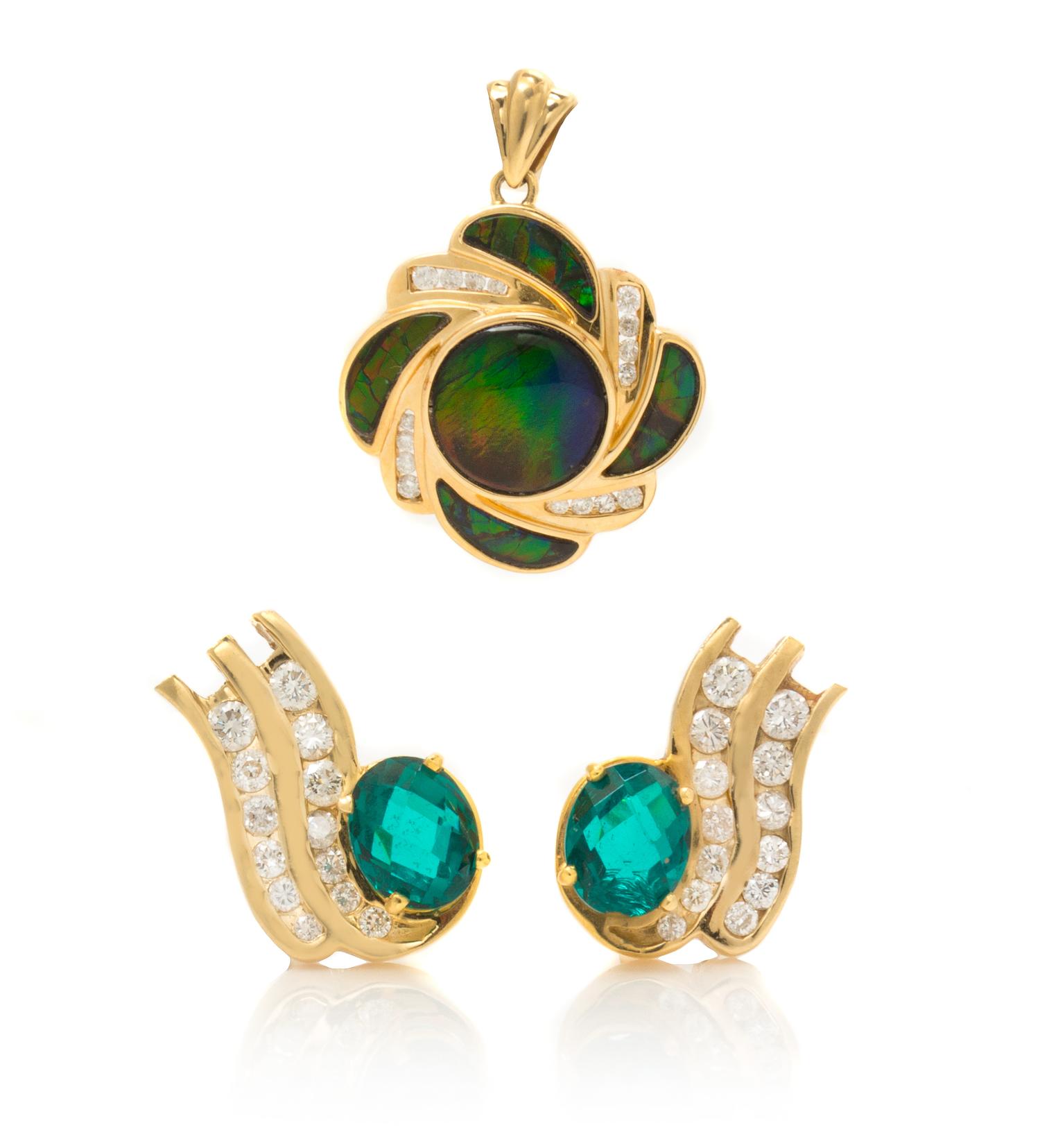 A Collection of 14 Karat Yellow Gold, Diamond and Gemstone Jewelry, 13.30 dwts.