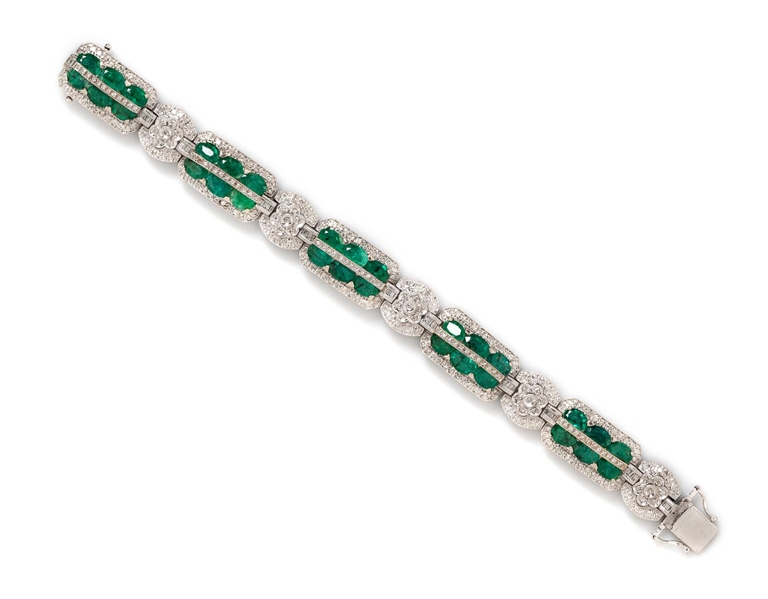 A 14 Karat White Gold, Emerald and Diamond Bracelet,