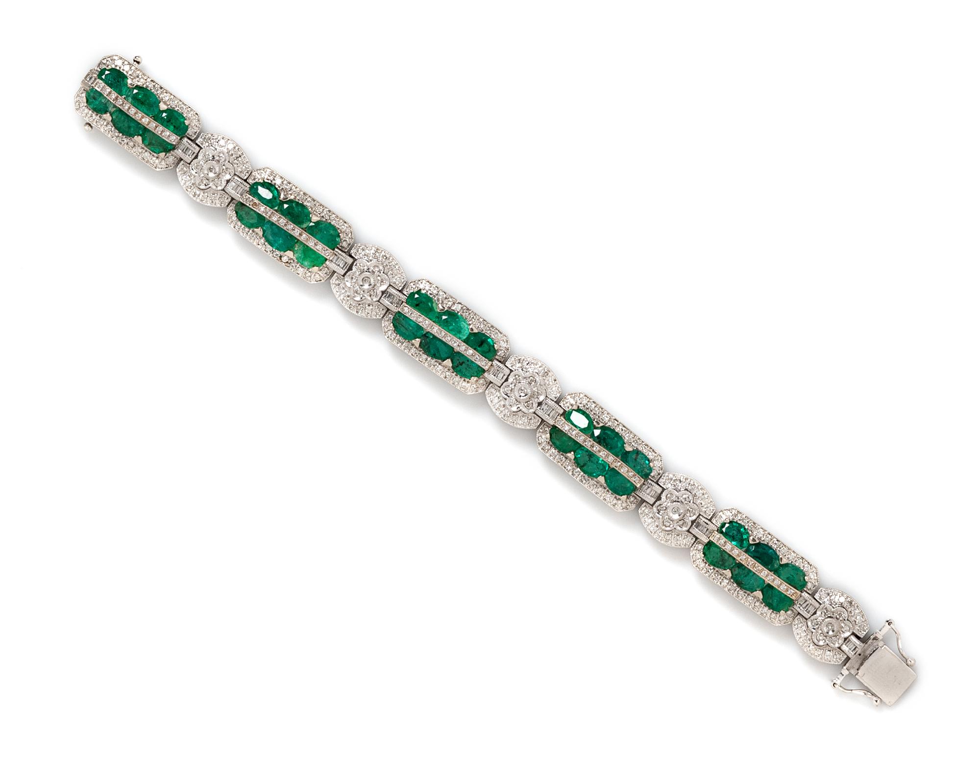 A 14 Karat White Gold, Emerald and Diamond Bracelet,