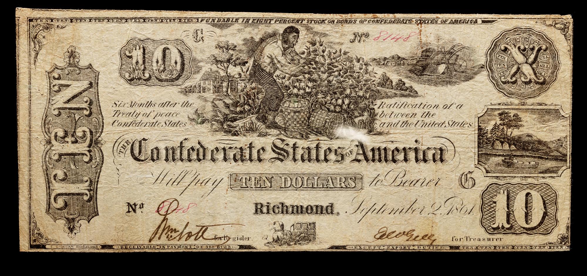 An 1861 Confederate States of American T-29 $10 Bank Note — PCGS CURRENCY GRADED VF20 APPARENT