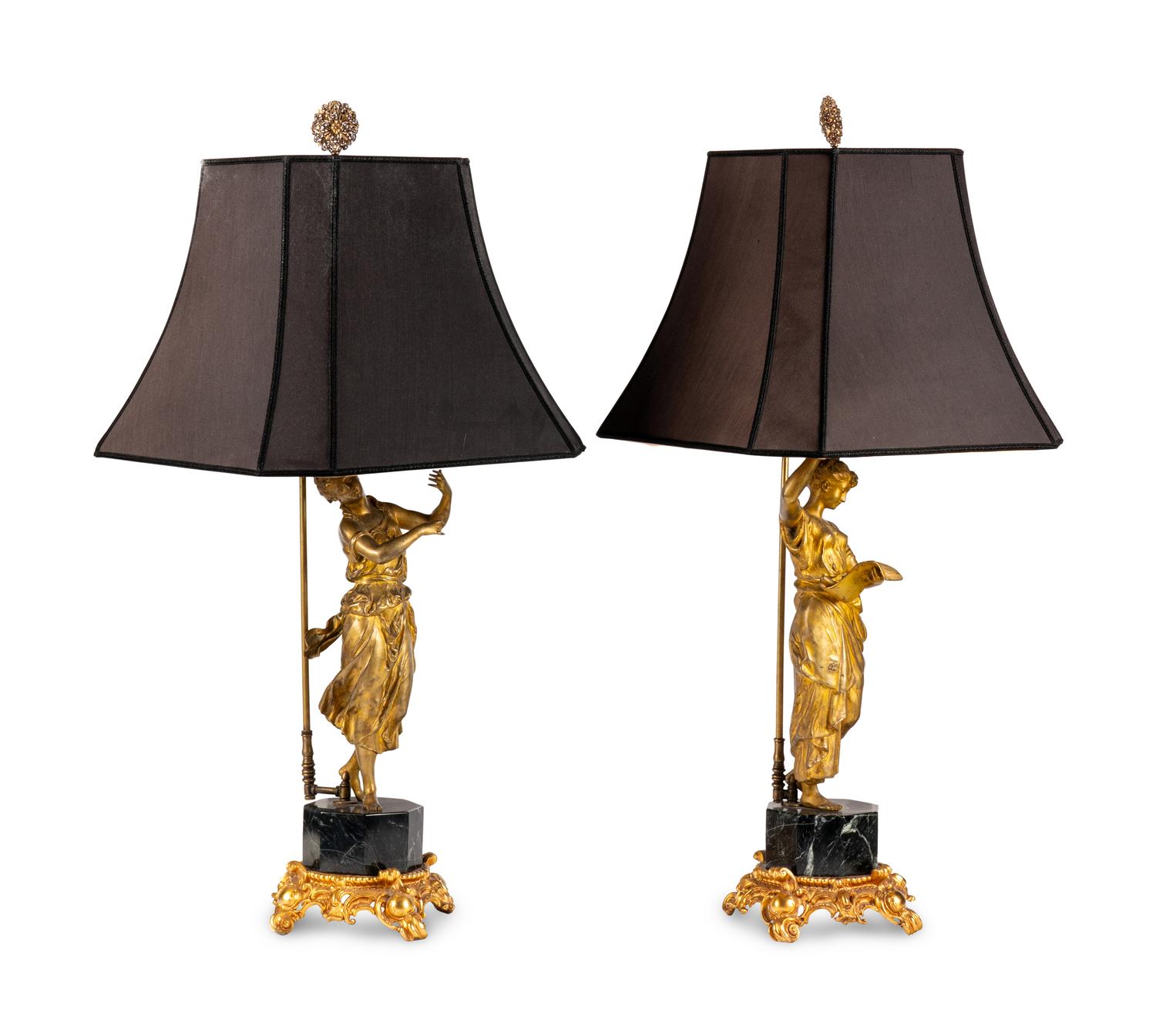 A Pair of Continental Gilt Bronze Figures Mounted as Lamps