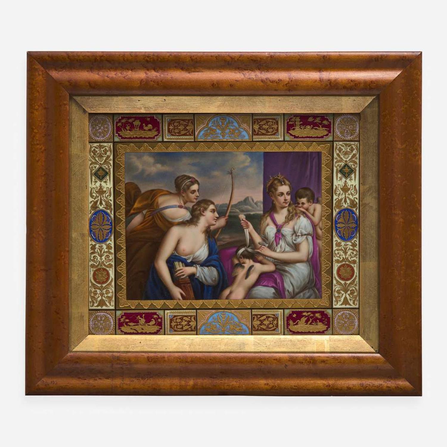 A KPM style painted porcelain plaque depicting Diana with attendants late 19th century