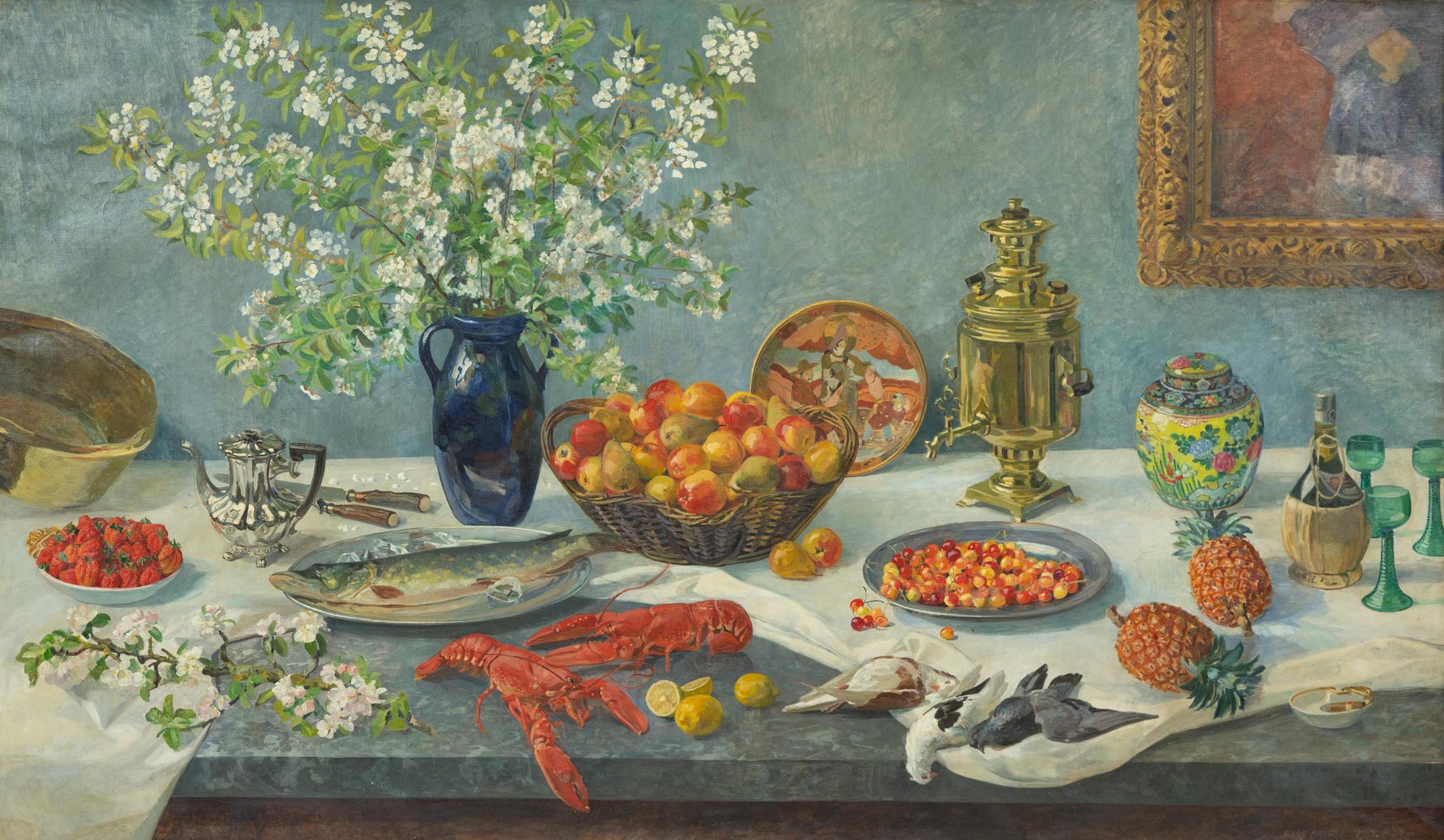 Still Life with Samovar, Blossoms in a Glass Vase, Strawberries in a Bowl, Game, Lobsters and Pineapples, 1927
