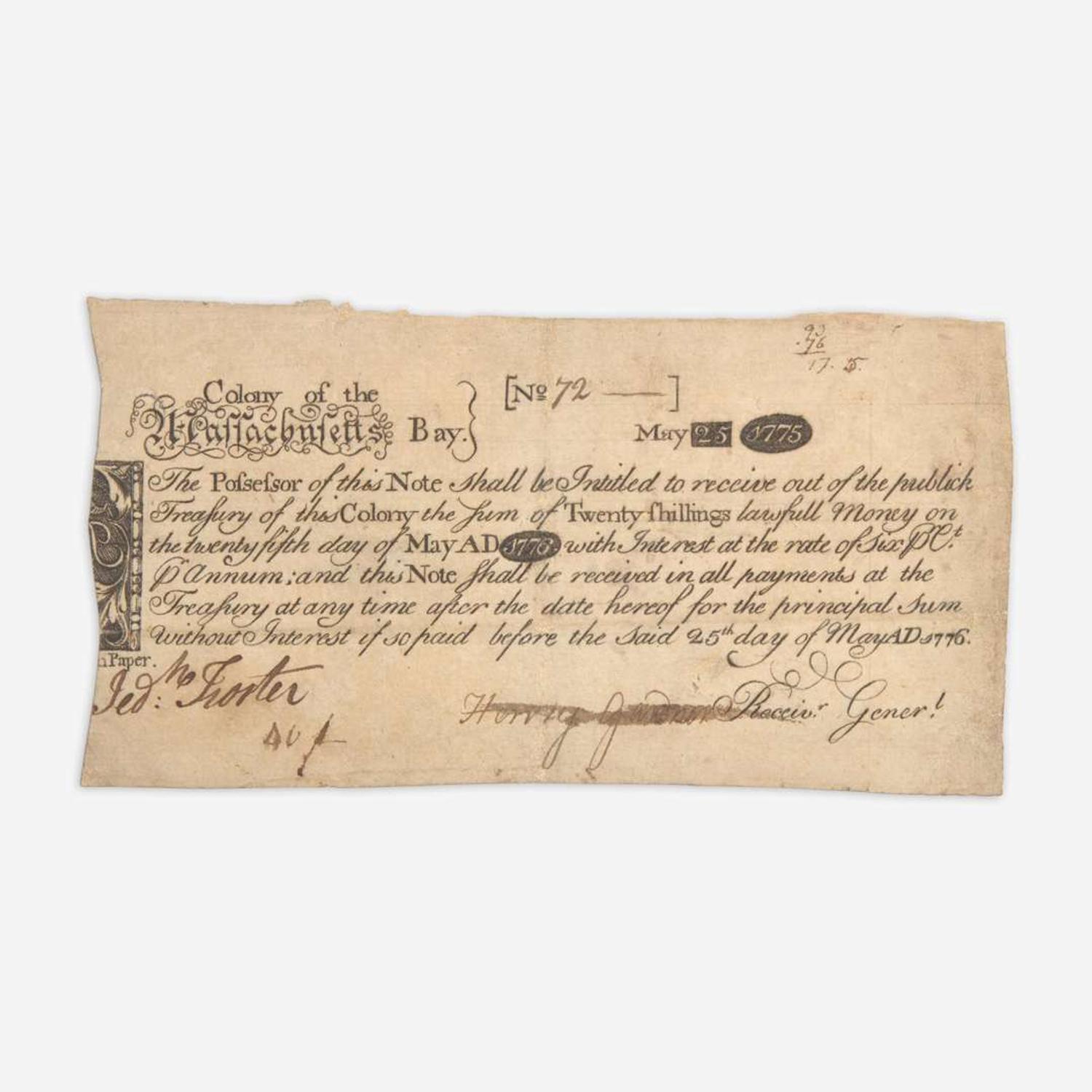 [American Revolution] [Revere, Paul] Colony of the Massachusetts Bay 20 Shilling Note