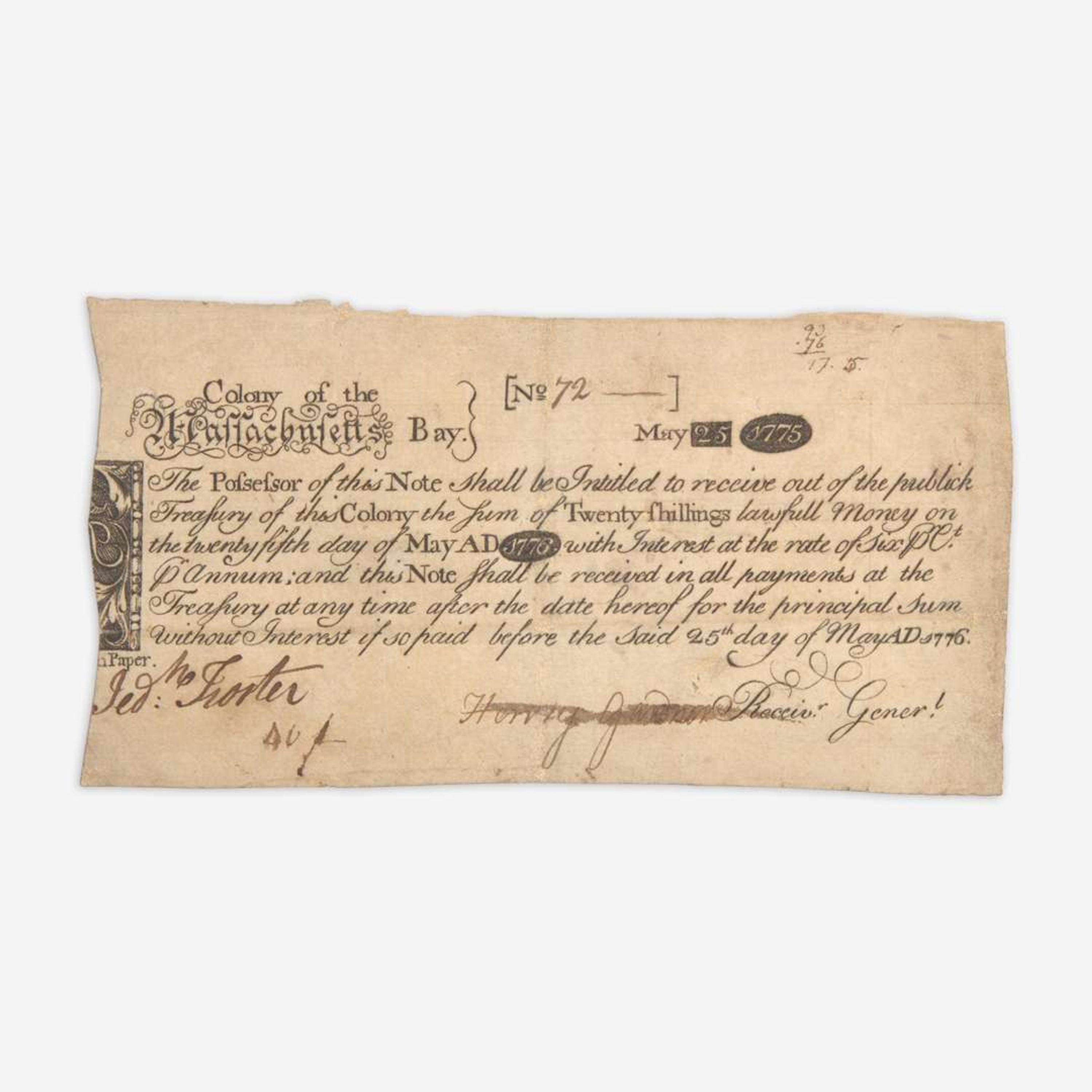 [American Revolution] [Revere, Paul] Colony of the Massachusetts Bay 20 Shilling Note