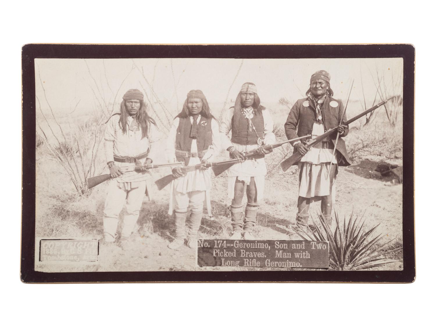 [NATIVE AMERICANS]. FLY, C.S. (1849-1901), photographer. Geronimo, Son and Two Picked Braves. Man with Long Rifle Geronimo . Tombstone, AZ: 1886.