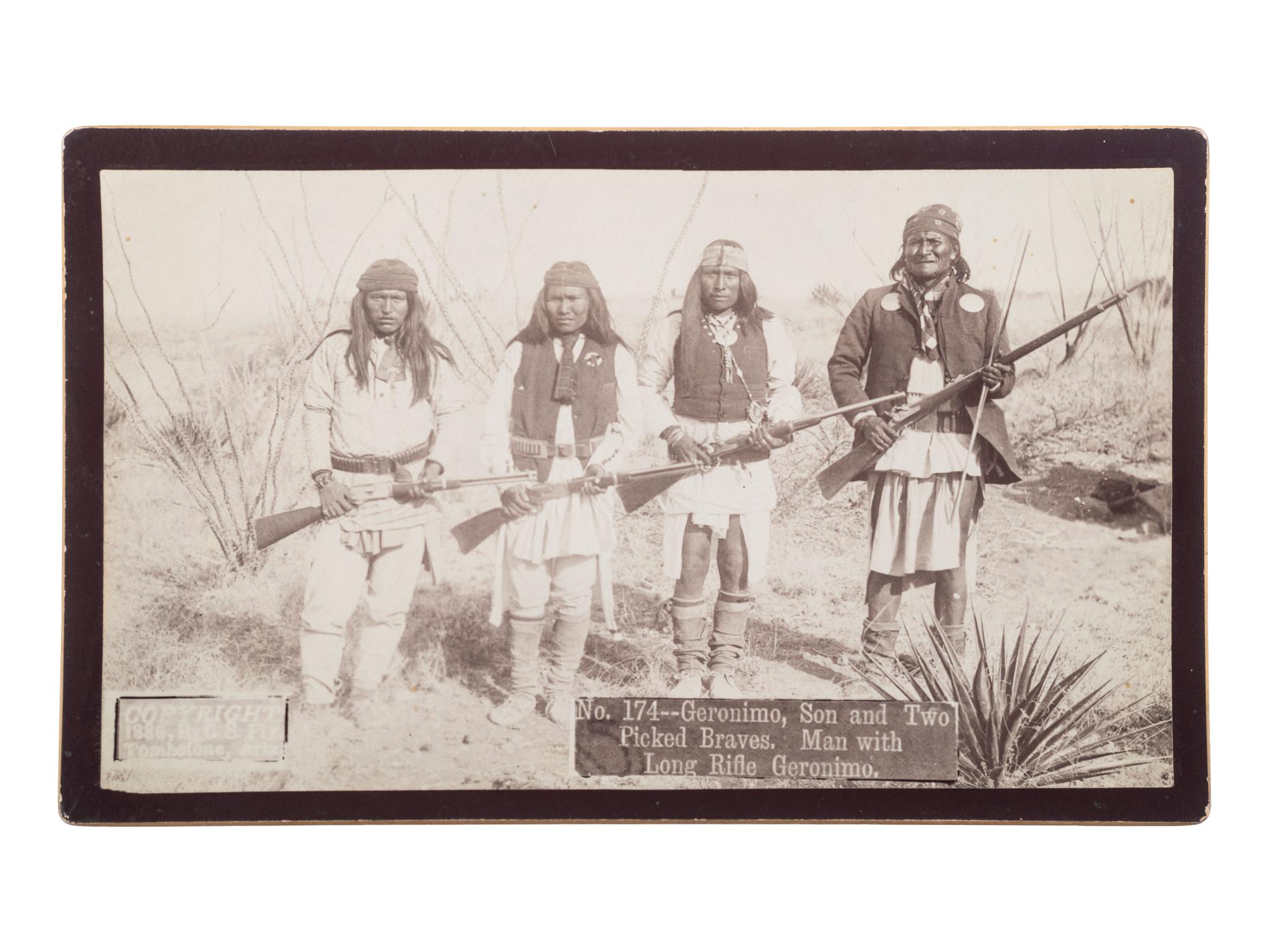 [NATIVE AMERICANS]. FLY, C.S. (1849-1901), photographer. Geronimo, Son and Two Picked Braves. Man with Long Rifle Geronimo . Tombstone, AZ: 1886.