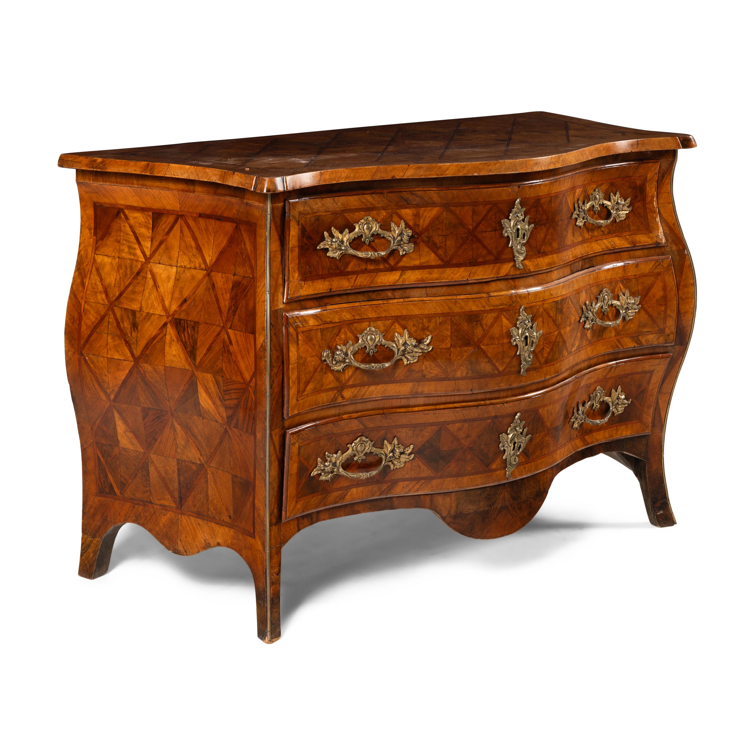 An Italian Gilt Bronze Mounted Walnut and Parquetry Commode