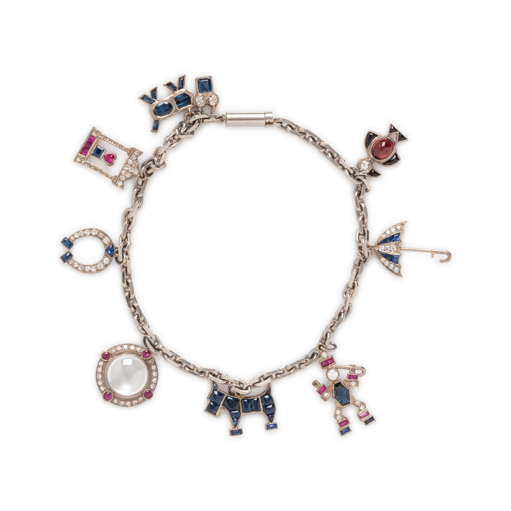 ART DECO, DIAMOND AND MULTIGEM CHARM BRACELET