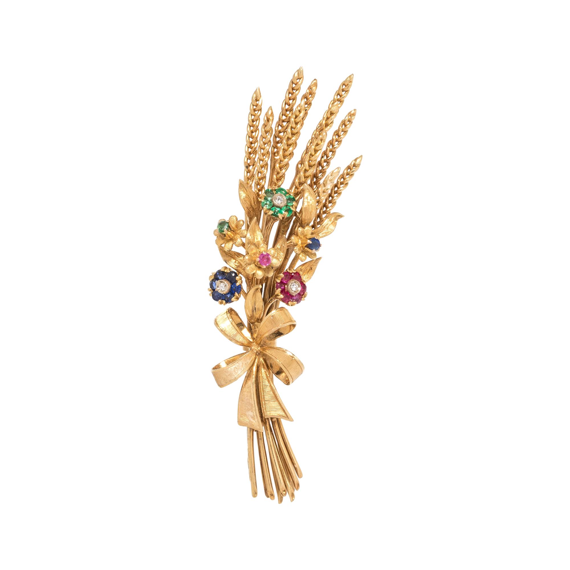 YELLOW GOLD, MULTIGEM AND DIAMOND BROOCH