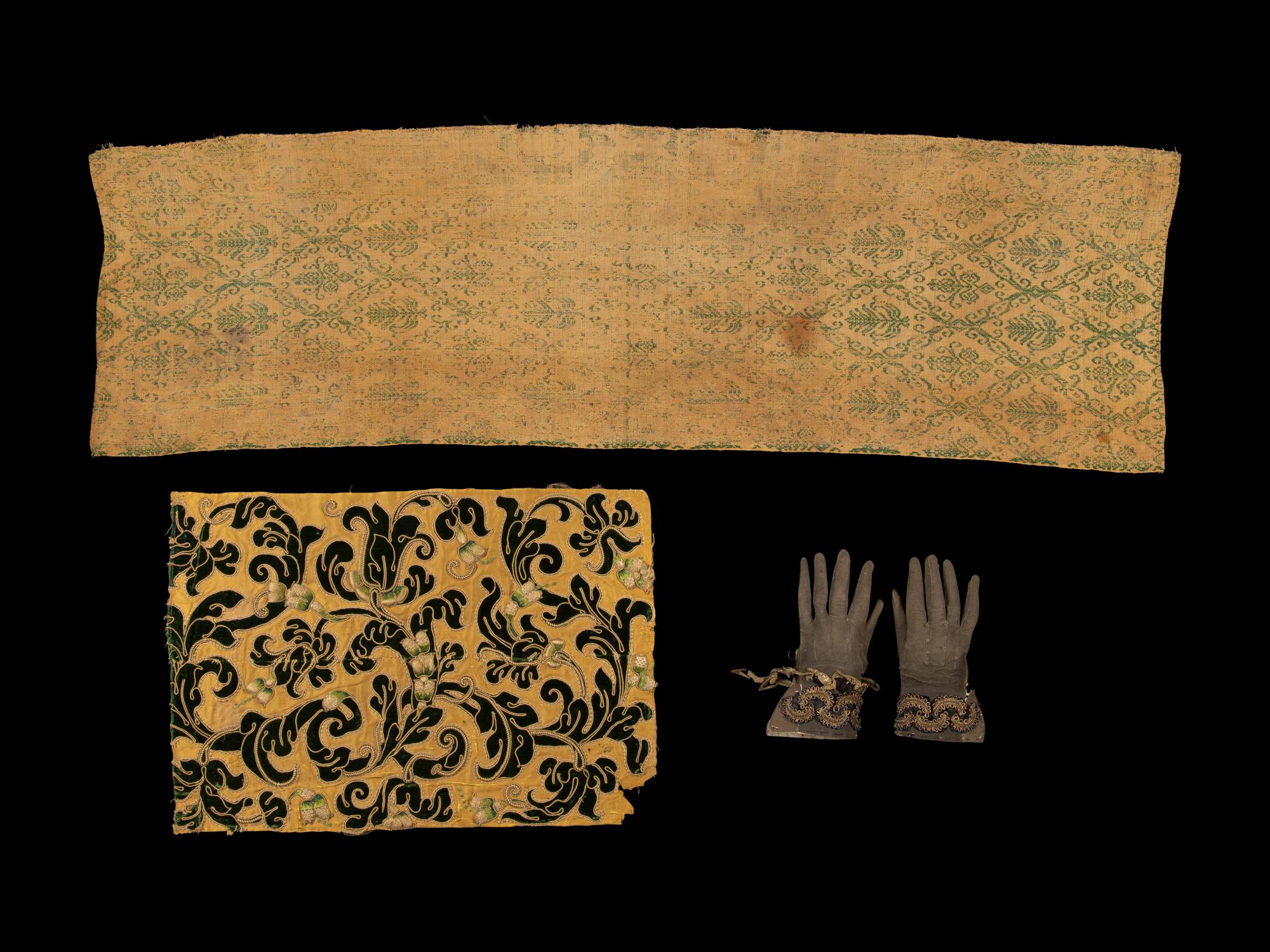 Two Textiles and One Pair of Gloves, 17th-18th Century