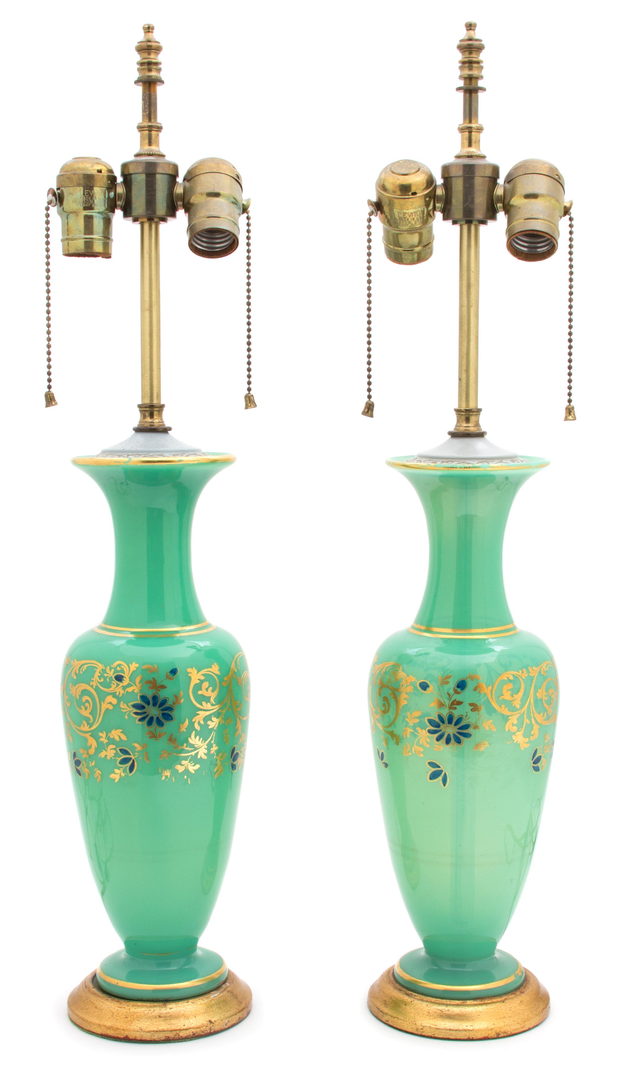 A Pair of Green Opaline Enameled Glass Vases Height overall 25 inches. — 19TH CENTURY