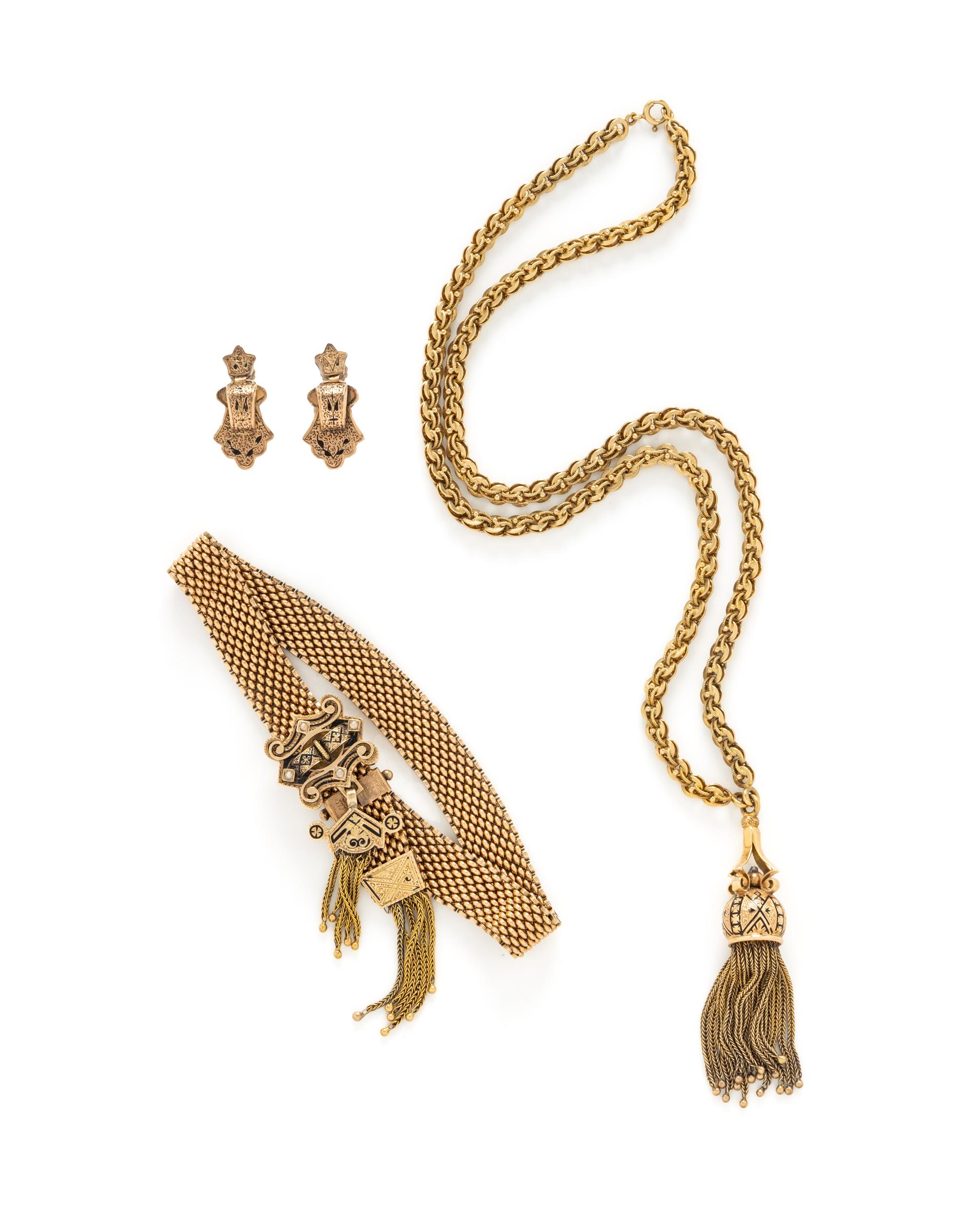 VICTORIAN, COLLECTION OF YELLOW GOLD AND BLACK ENAMEL JEWELRY
