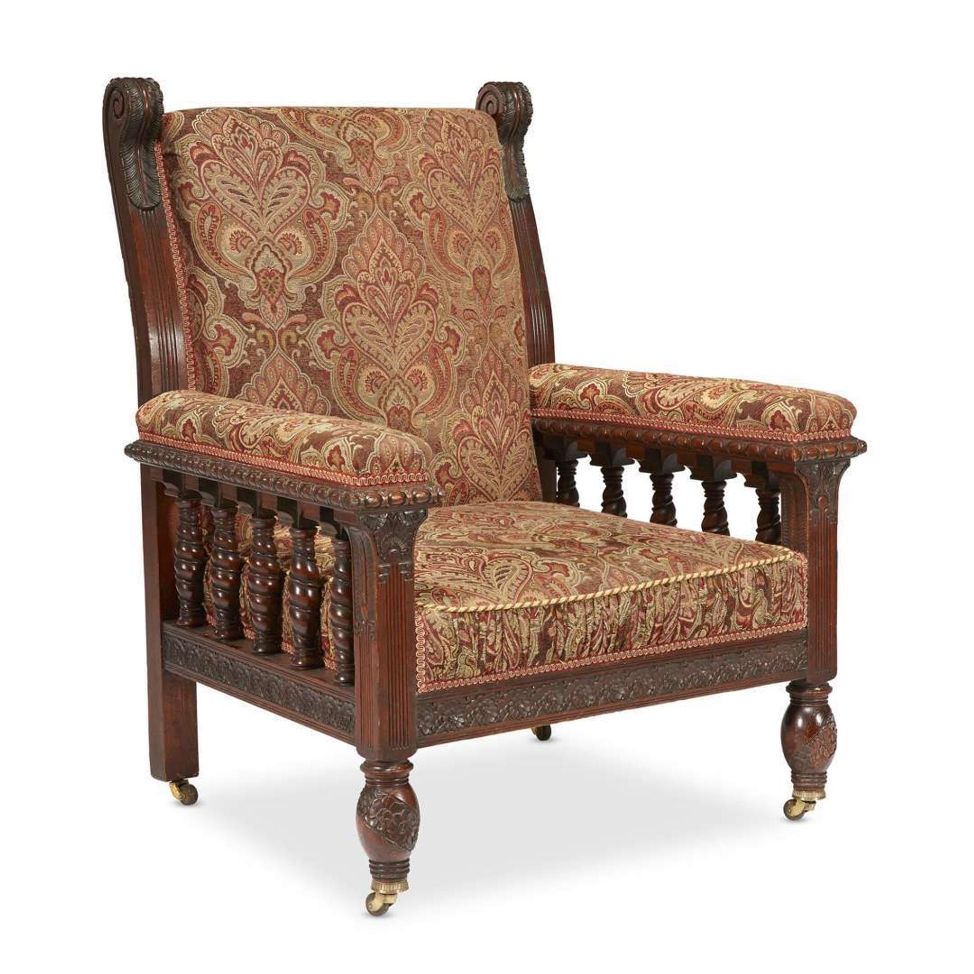 Aesthetic Movement carved walnut upholstered armchair circa 1880