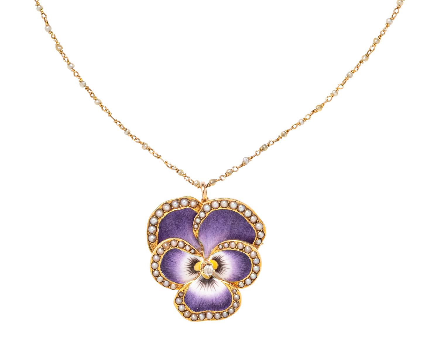 DIAMOND, SEED PEARL AND ENAMEL PANSY PENDANT/BROOCH/NECKLACE