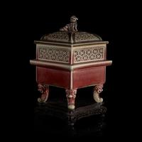 A Chinese Copper-Red Glazed Censer and Cover, Wood Stand 鏤空釉裡紅香爐