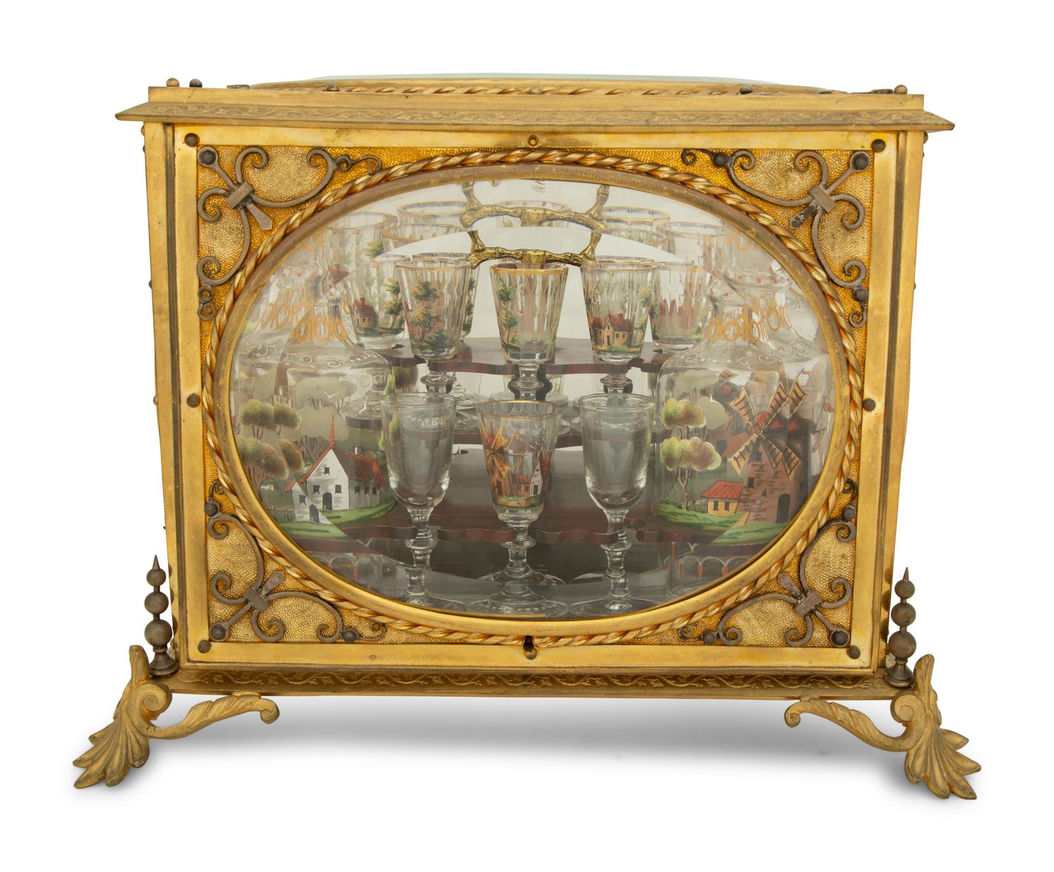 A French Gilt Bronze Cave à Liqueur with Enameled Glasses and Decanters — 19TH CENTURY