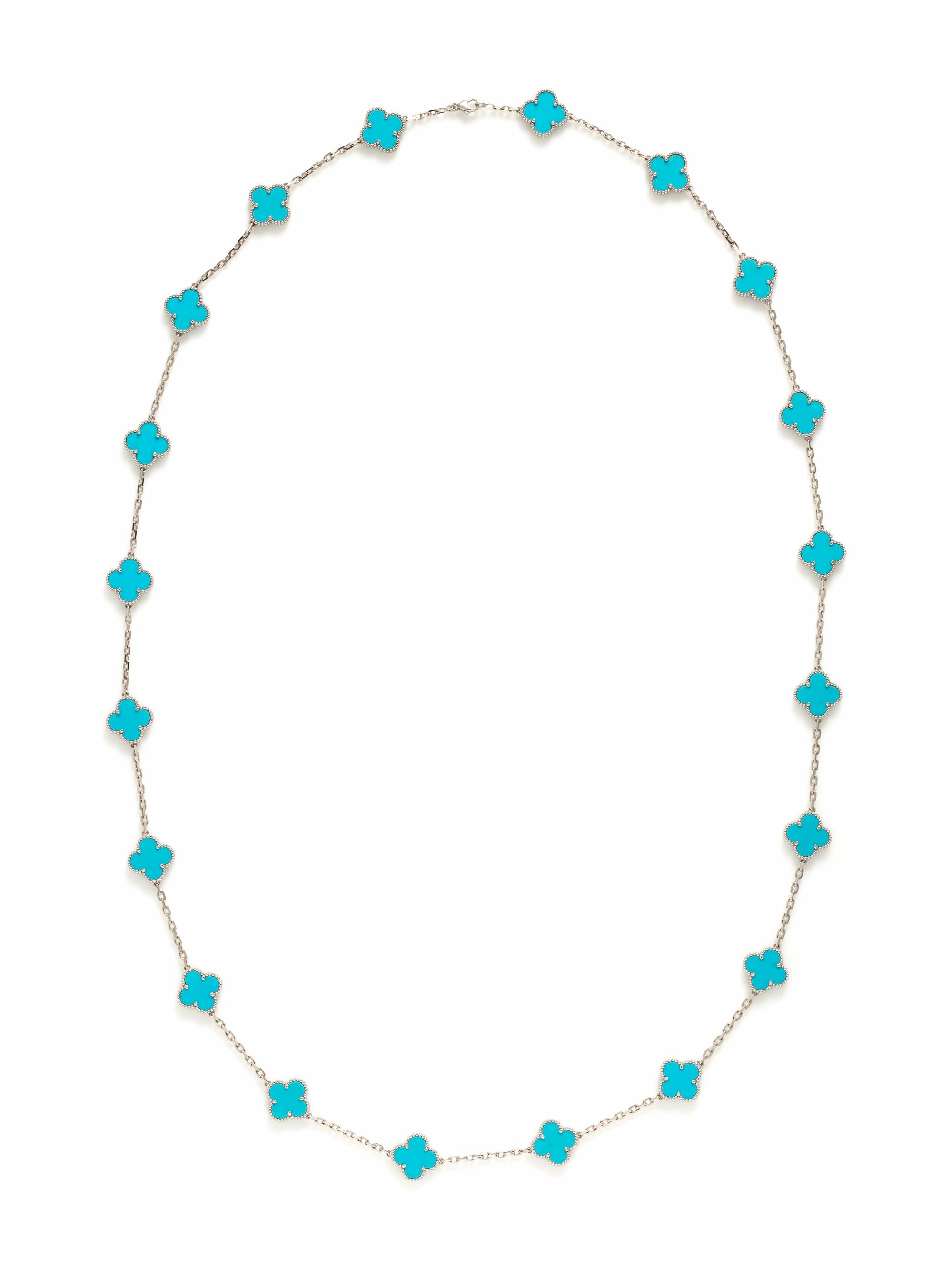 VAN CLEEF & ARPELS, WHITE GOLD AND TURQUOISE 'VINTAGE ALHAMBRA' NECKLACE