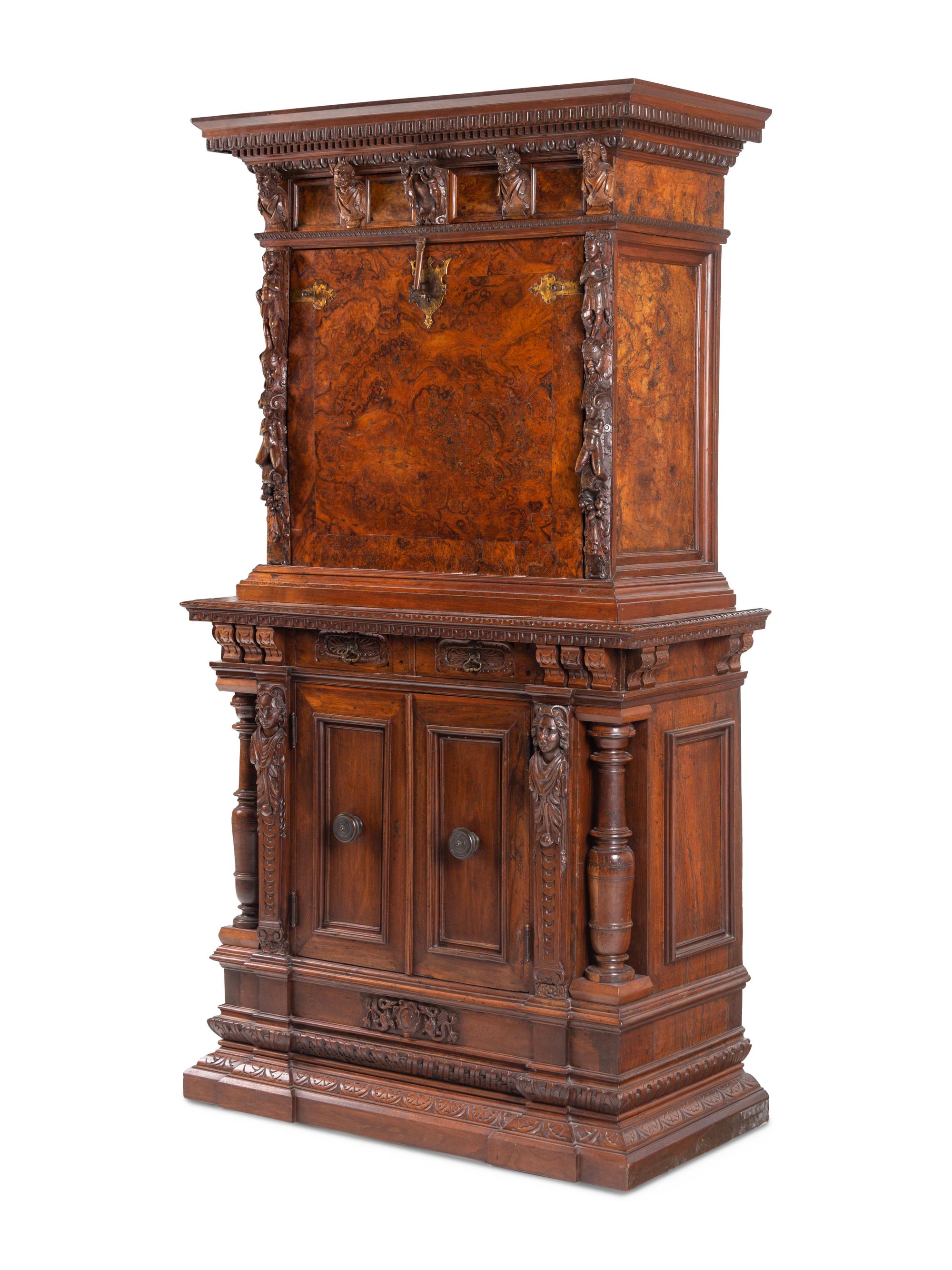 An Italian Baroque Style Carved Walnut and Burl Walnut Fall-Front Bureau Cabinet