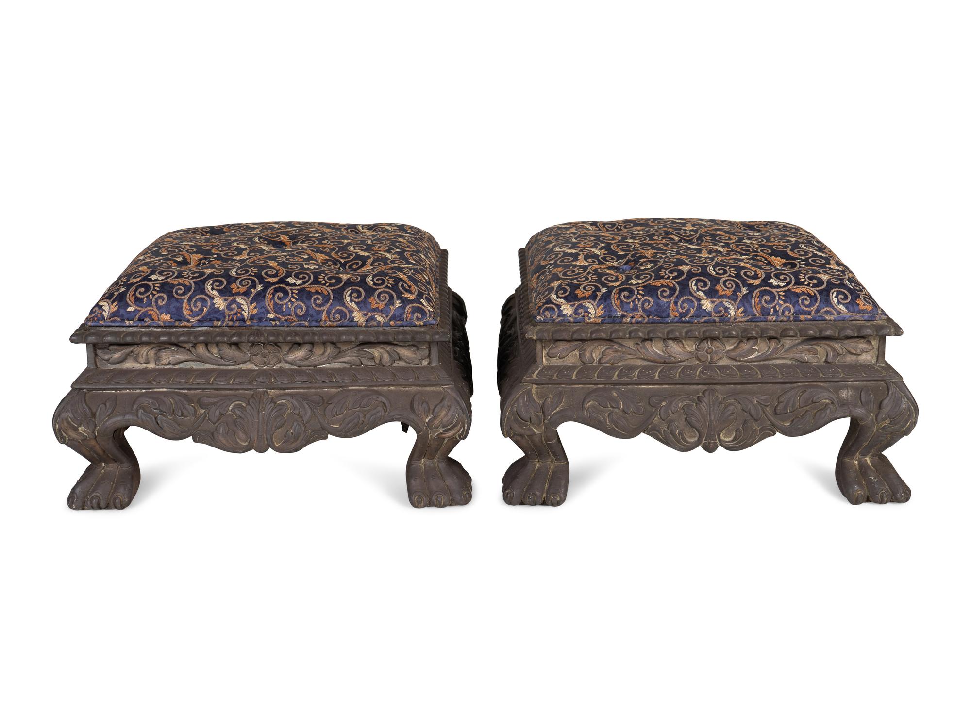 A Pair of Indian Silver Plate-Sheathed Footstools