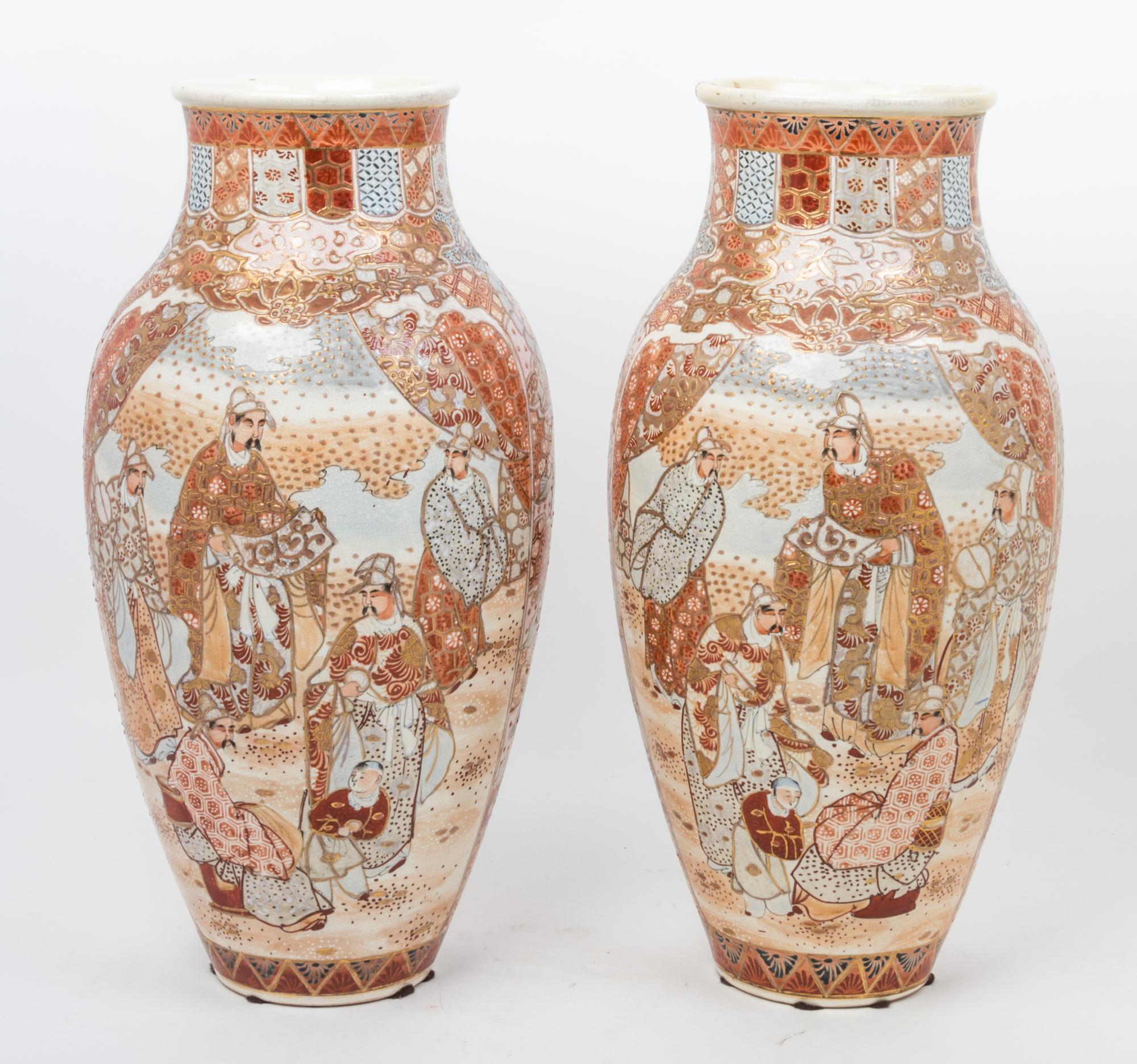 A Pair of Japanese Satsuma Porcelain Vases Height 18 1/8 inches.