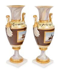 A Pair of Continental Faux Marble, Yellow and Chocolate Brown-Ground Porcelain Vases