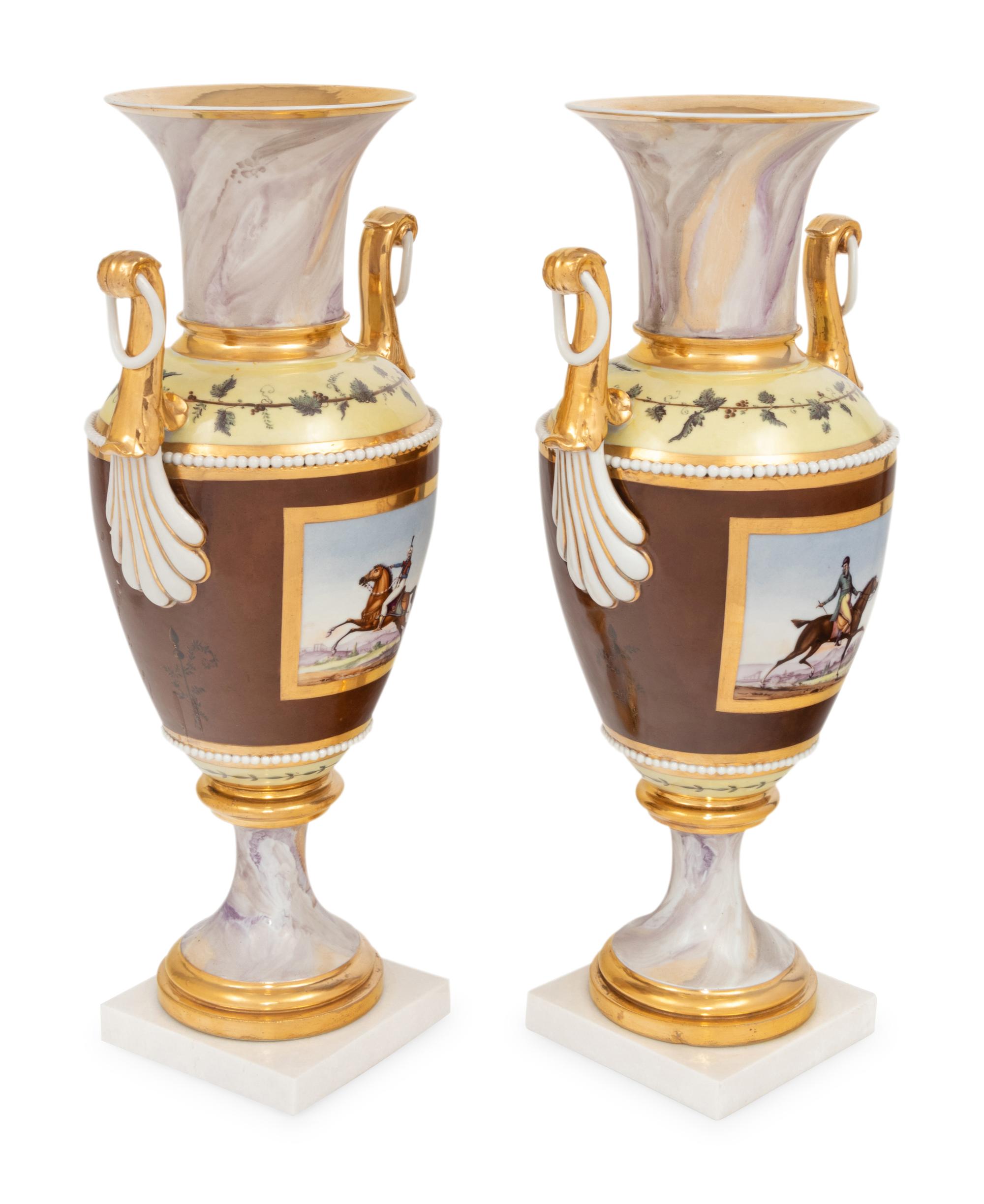 A Pair of Continental Faux Marble, Yellow and Chocolate Brown-Ground Porcelain Vases