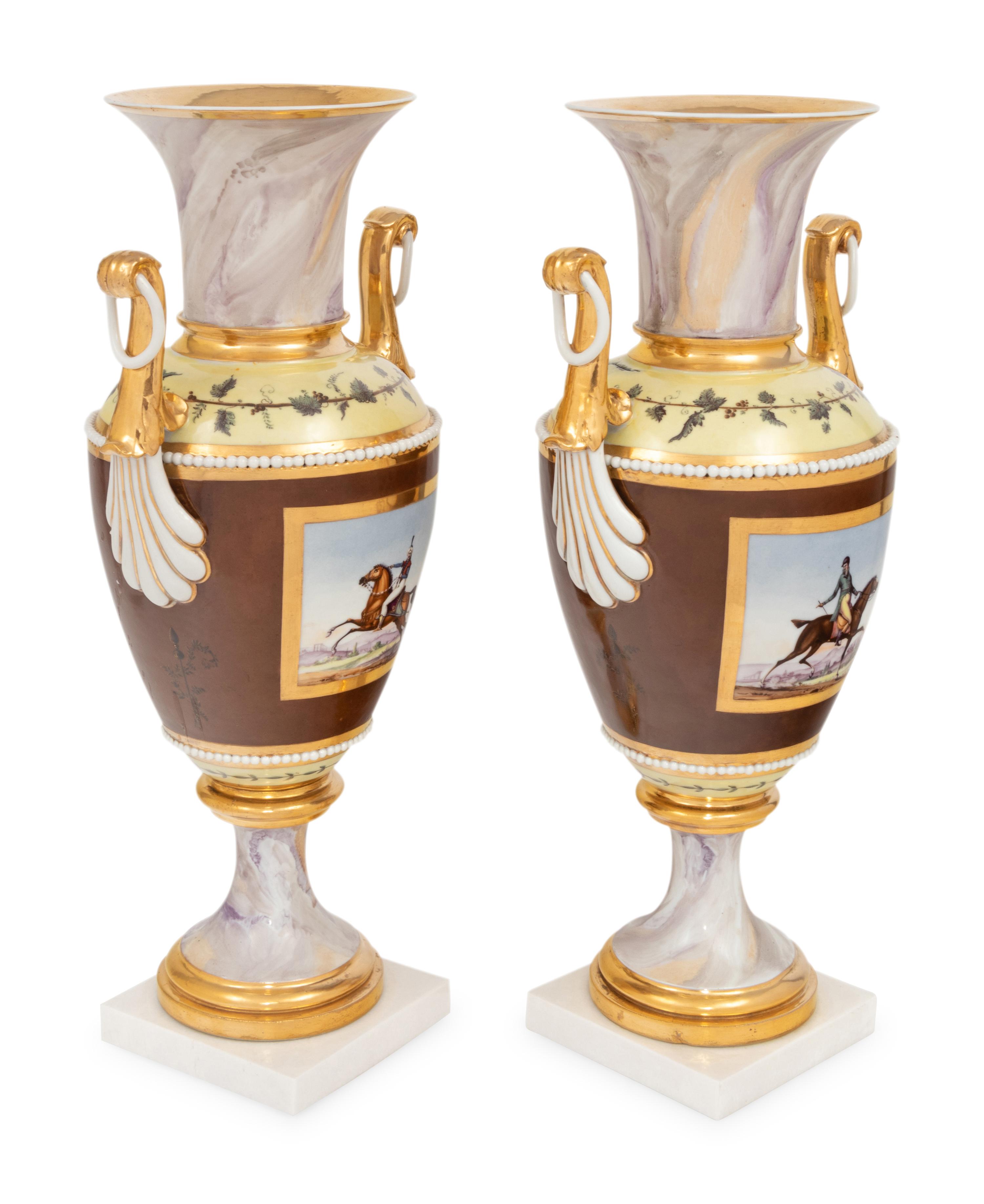 A Pair of Continental Faux Marble, Yellow and Chocolate Brown-Ground Porcelain Vases
