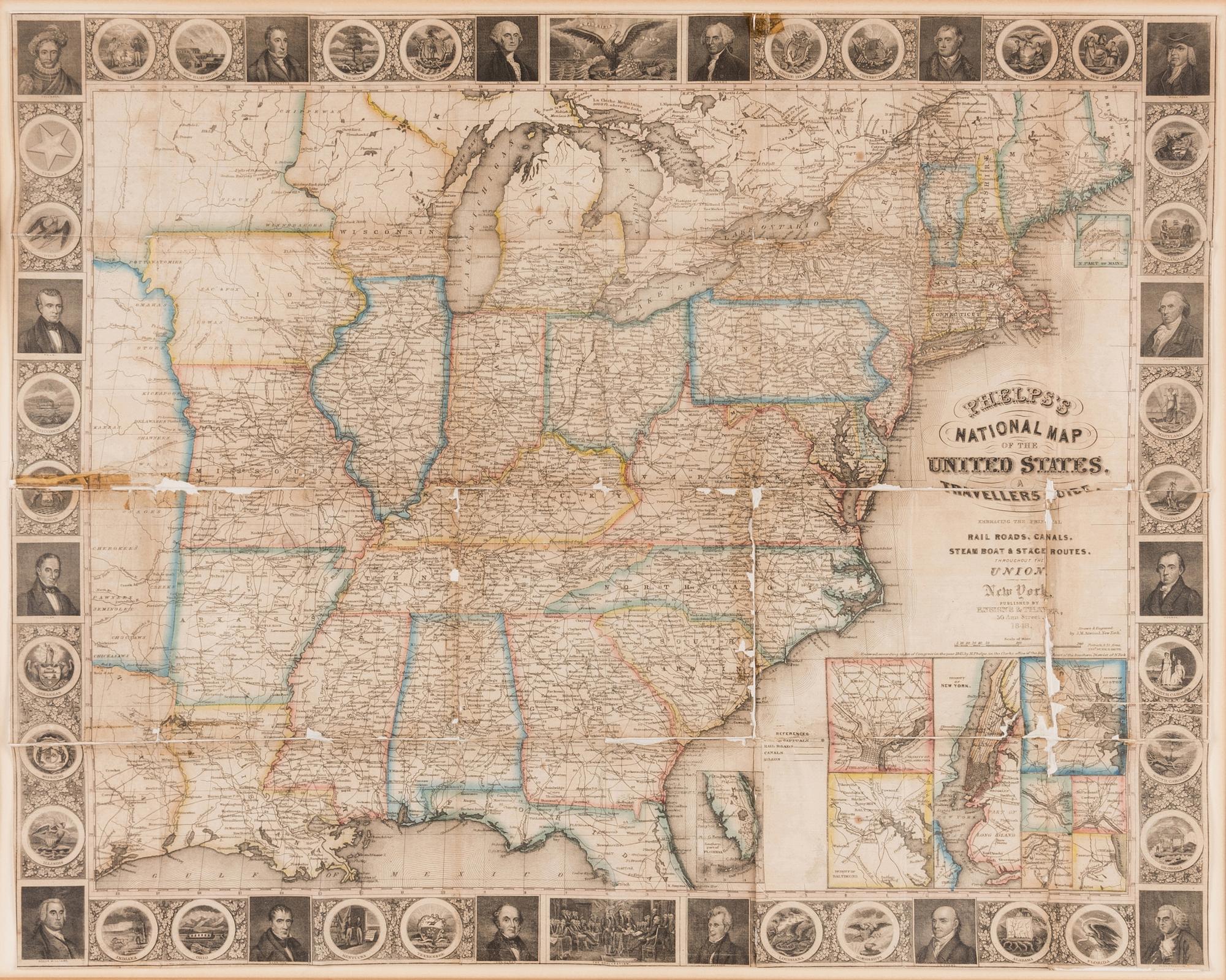 PHELPS, ENSIGNS & THAYER, publishers. Phelps's National Map of the United States, A Travellers Guide [map only]. New York, 1848.