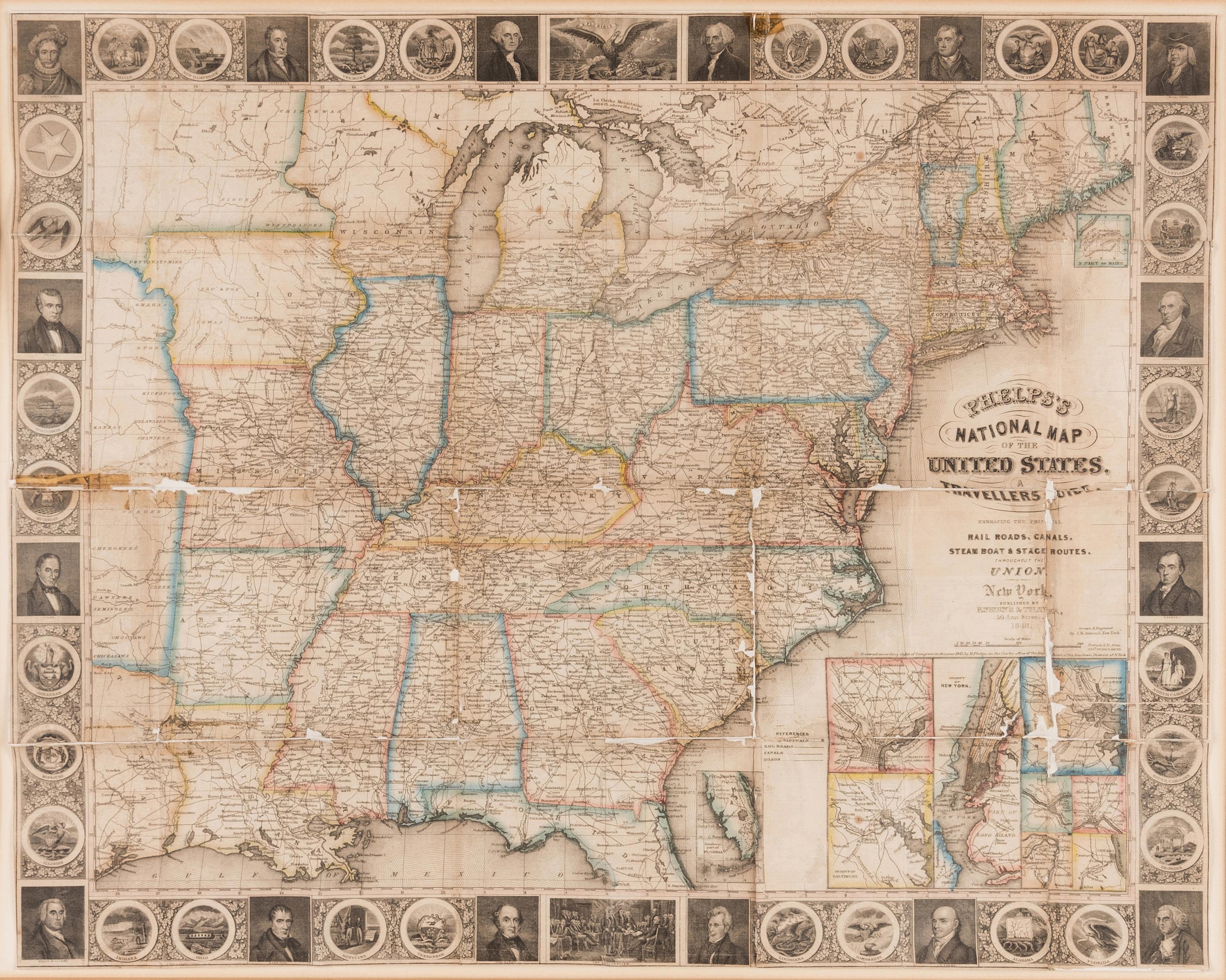 PHELPS, ENSIGNS & THAYER, publishers. Phelps's National Map of the United States, A Travellers Guide [map only]. New York, 1848.