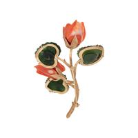 YELLOW GOLD, CORAL AND NEPHRITE FLOWER BROOCH