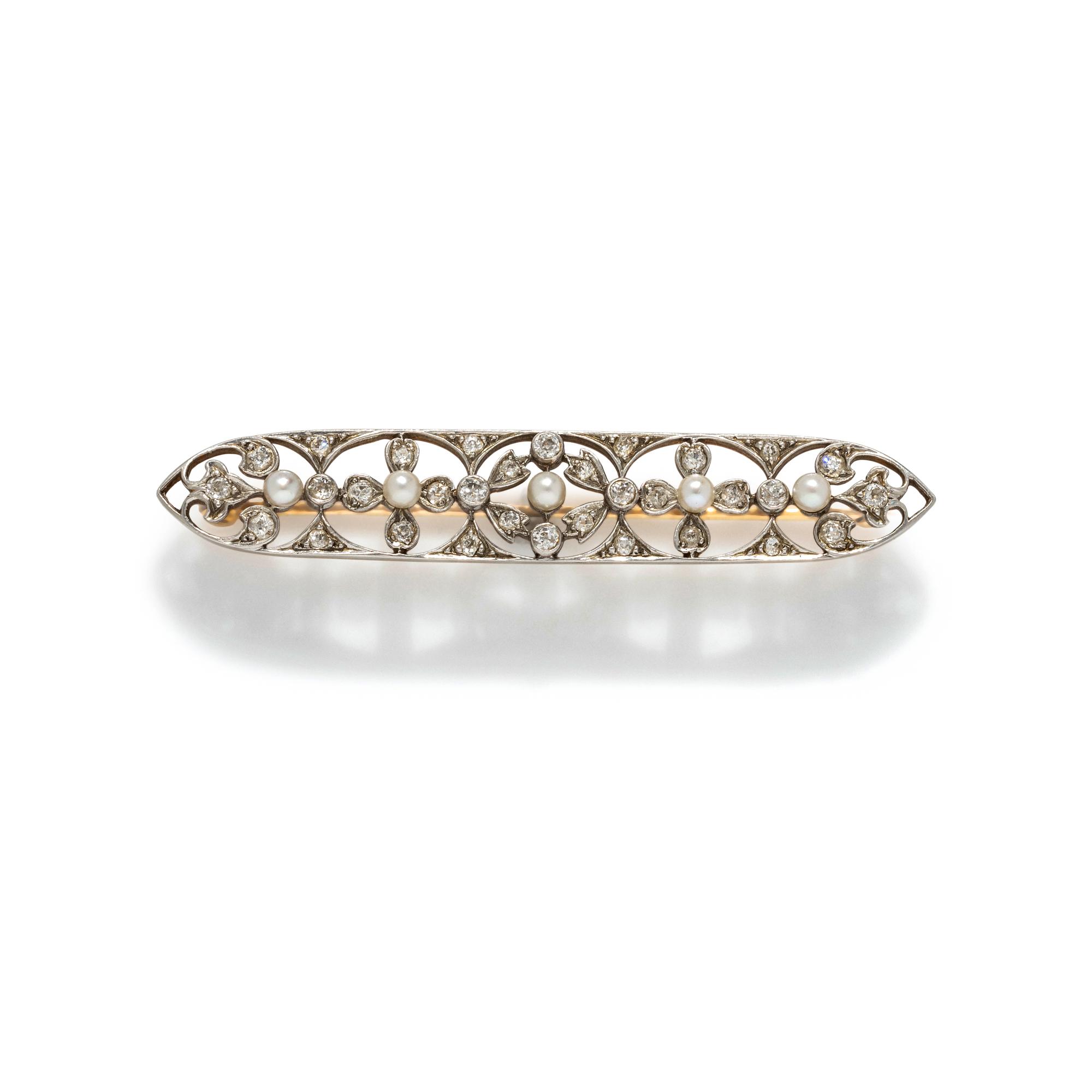 EDWARDIAN, PLATINUM-TOPPED GOLD, DIAMOND AND PEARL BROOCH