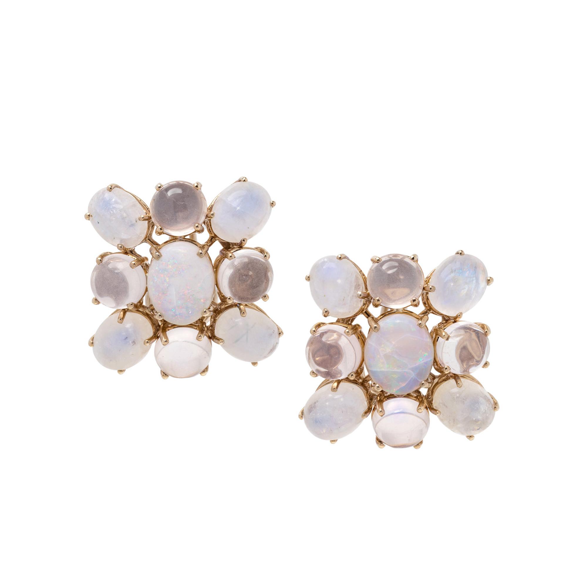 TONY DUQUETTE, OPAL, ROCK CRYSTAL AND MOONSTONE EARCLIPS