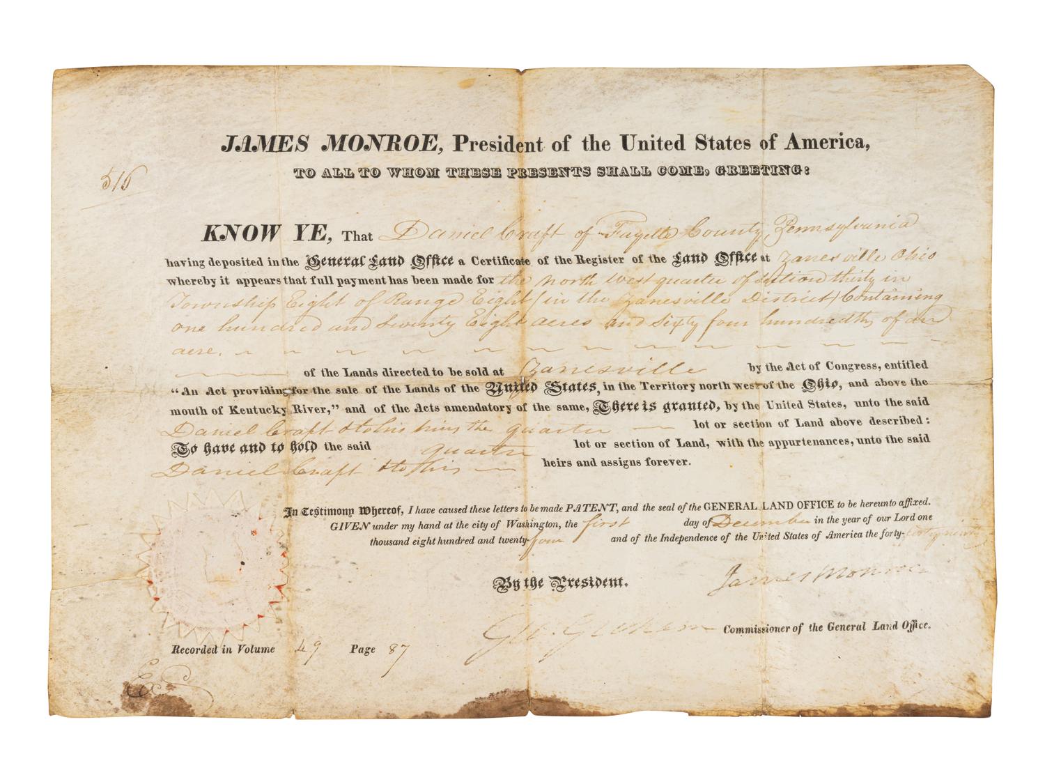 MONROE, James (1758-1831). Partly printed document signed ("James Monroe"), as President, countersigned by George Graham (1772-1830) as Commissioner of the General Land Office. 1 December 1824.