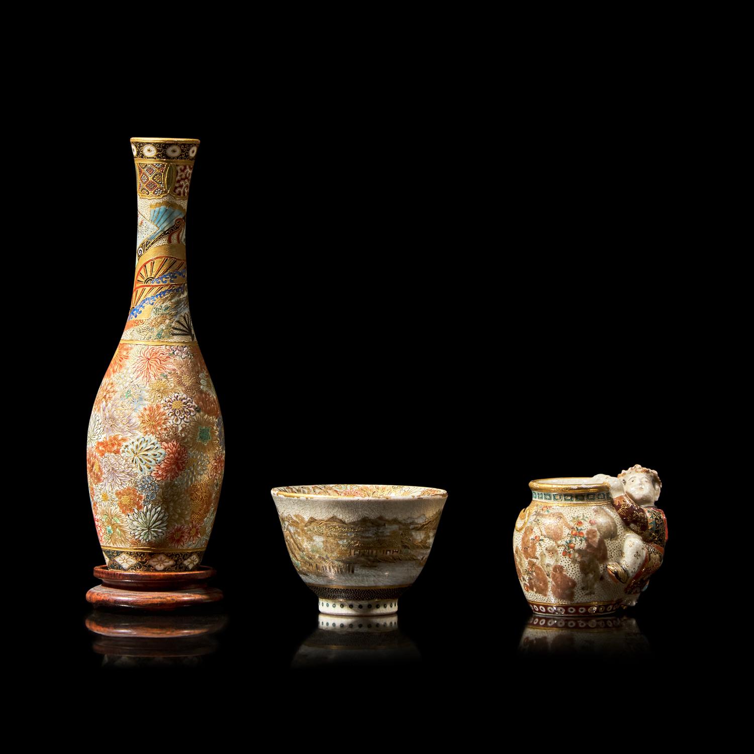 A Small Satsuma-Type Cabinet Vase, a Figural Miniature Vase, and a Miniature Bowl, All Yabu Meizan, Meiji Period