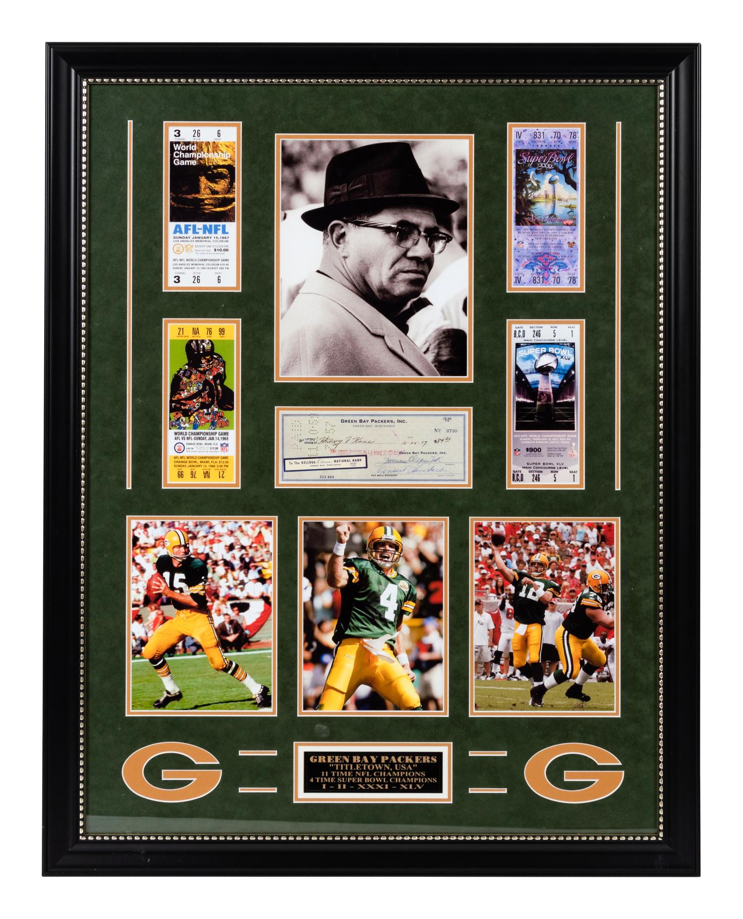A Group of Five Photographs and Artwork Associated with the Green Bay Packers Formerly Displayed at Mike Ditka’s Restaurant