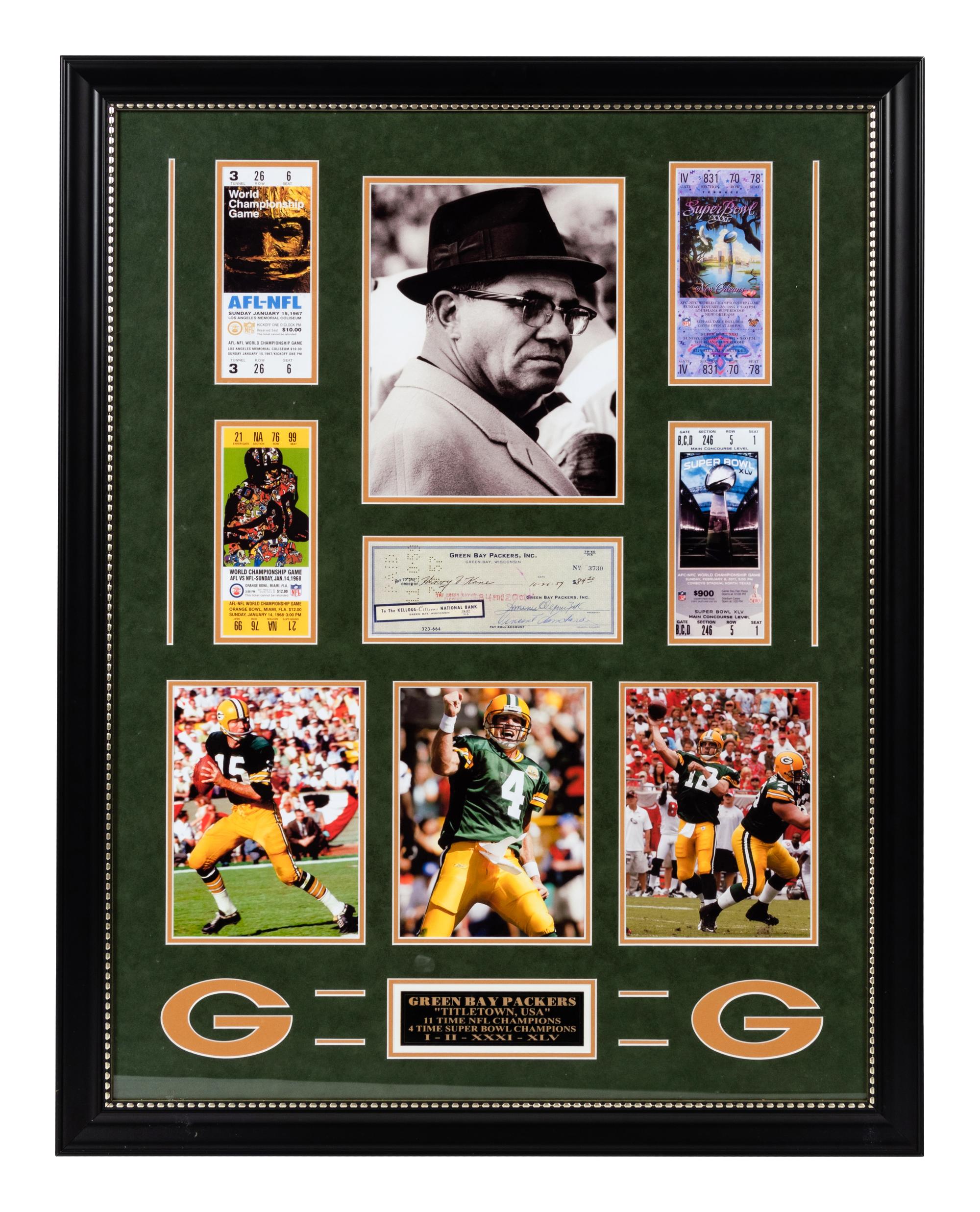 A Group of Five Photographs and Artwork Associated with the Green Bay Packers Formerly Displayed at Mike Ditka’s Restaurant