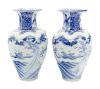 A Pair of Large Japanese Blue and White Porcelain 'Dragon' Baluster Vases