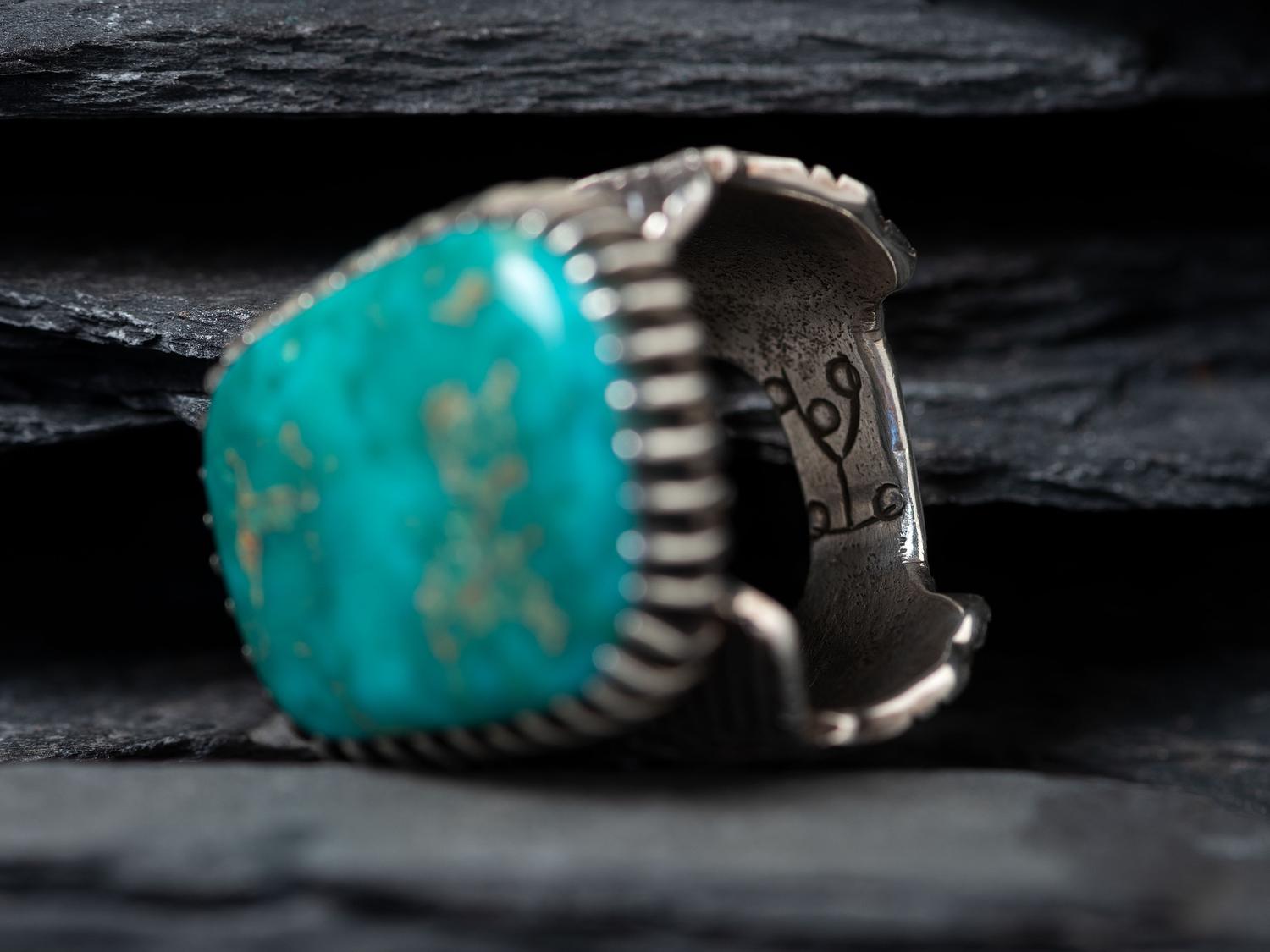 Silver and Royston Turquoise Ring, with Yei Band