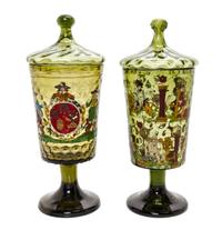 A Pair of German Enameled Glass Urns and Covers, 19TH CENTURY, Height 13 inches. — 19TH CENTURY,