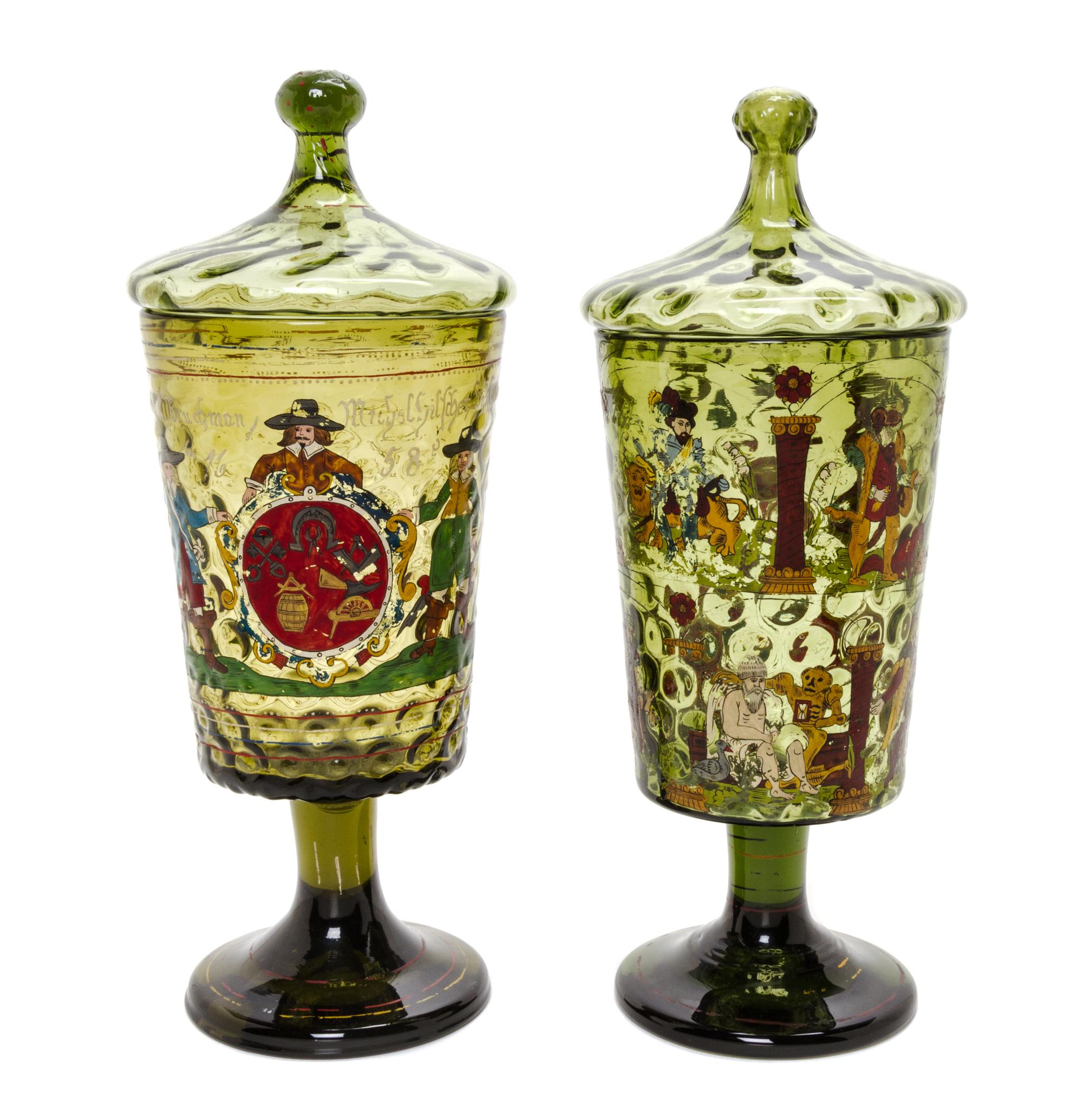 A Pair of German Enameled Glass Urns and Covers, 19TH CENTURY, Height 13 inches. — 19TH CENTURY,