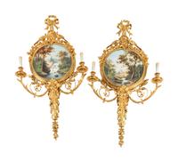 A Pair of Large Louis XV Style Gilt Bronze and Porcelain Two-Light Sconces