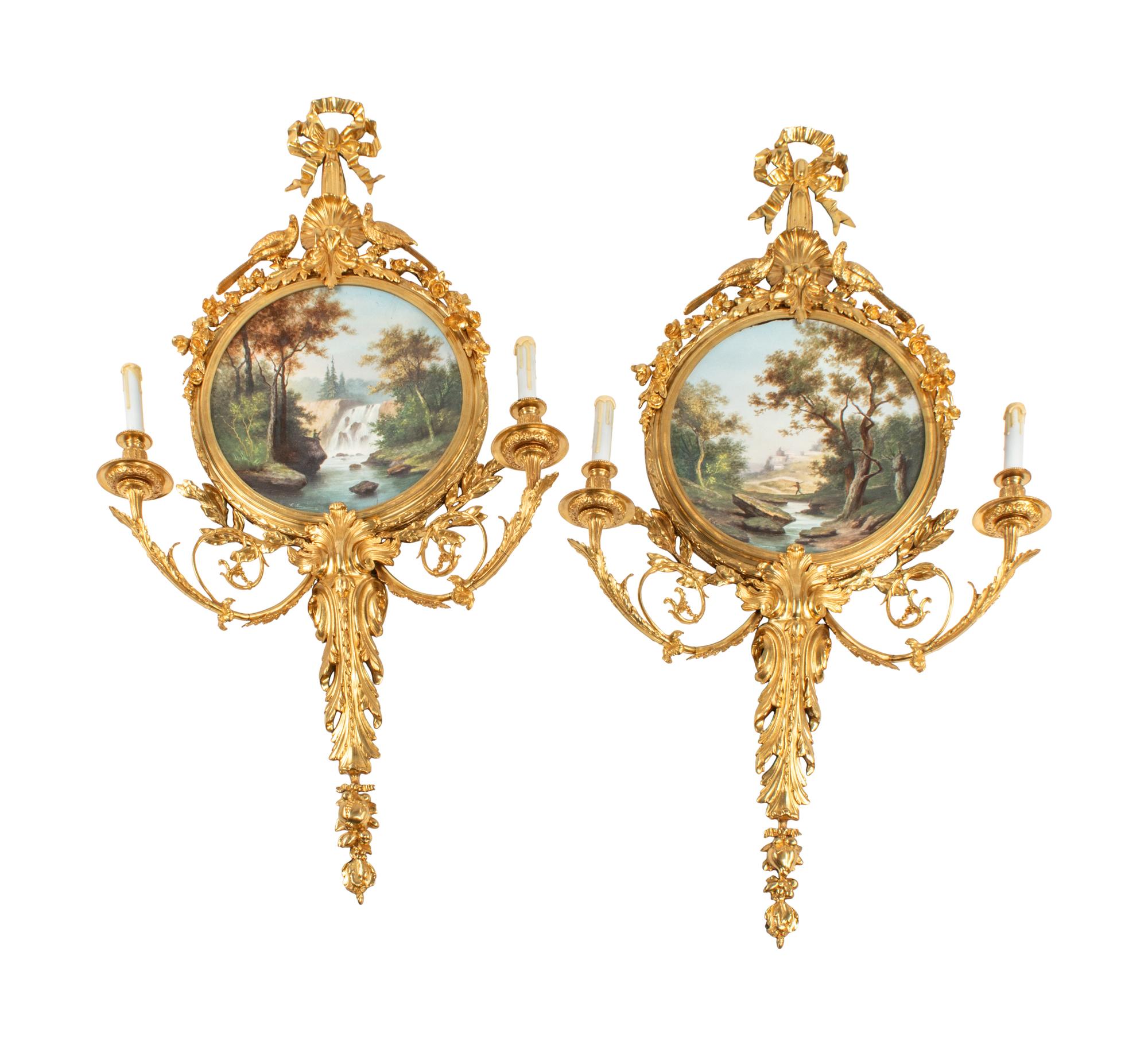 A Pair of Large Louis XV Style Gilt Bronze and Porcelain Two-Light Sconces