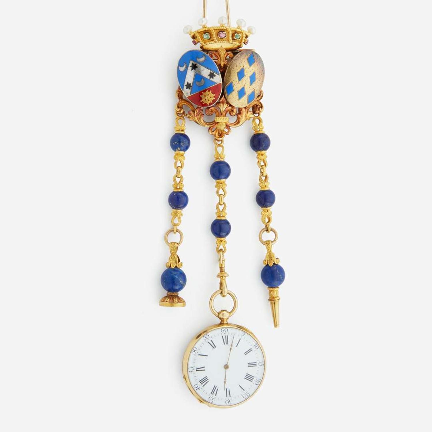 A gold and lapis, pocket watch and chatelaine, Asprey, London
