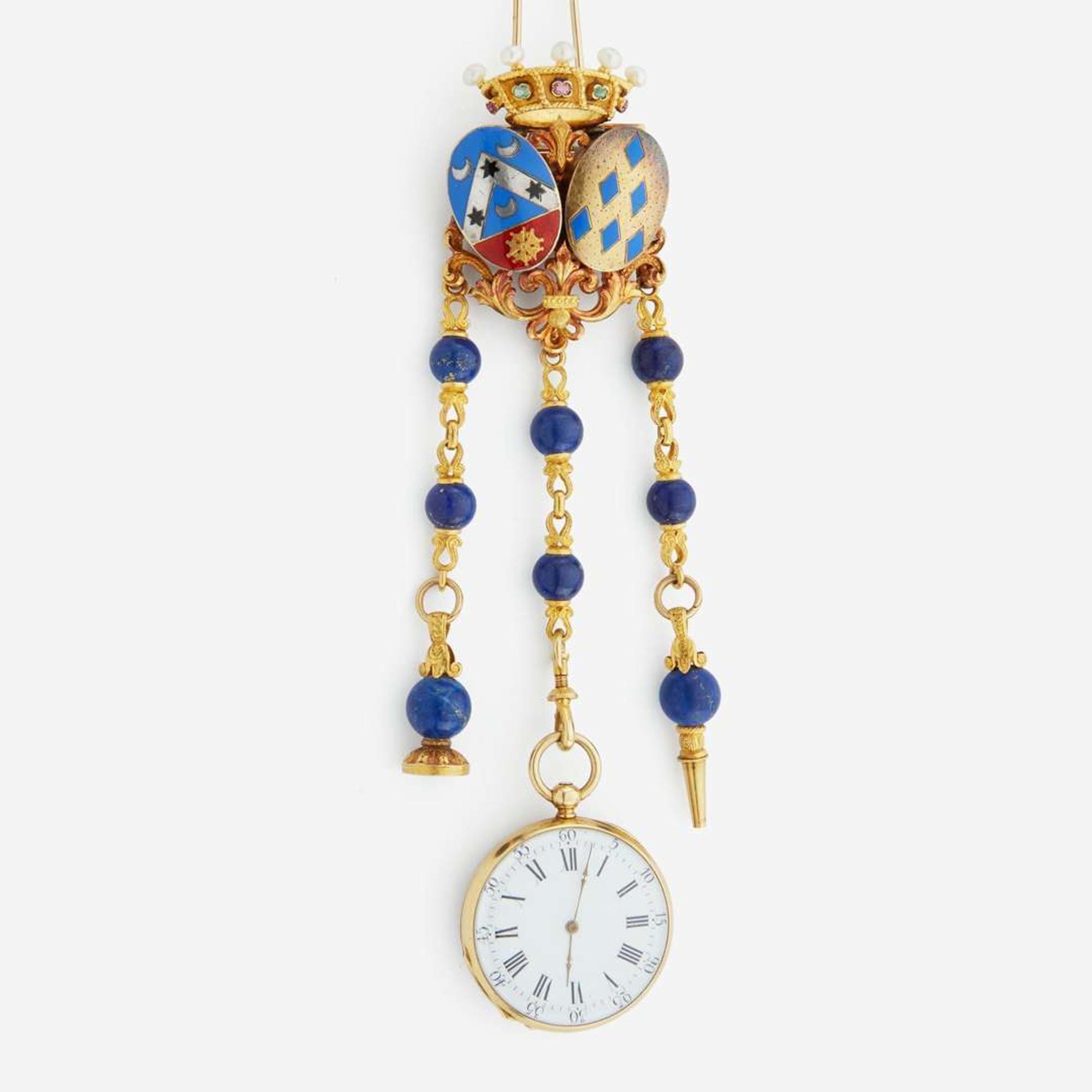 A gold and lapis, pocket watch and chatelaine, Asprey, London