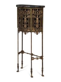 An Art Deco Demilune Gilt Iron and Brass Marble Top Cabinet
