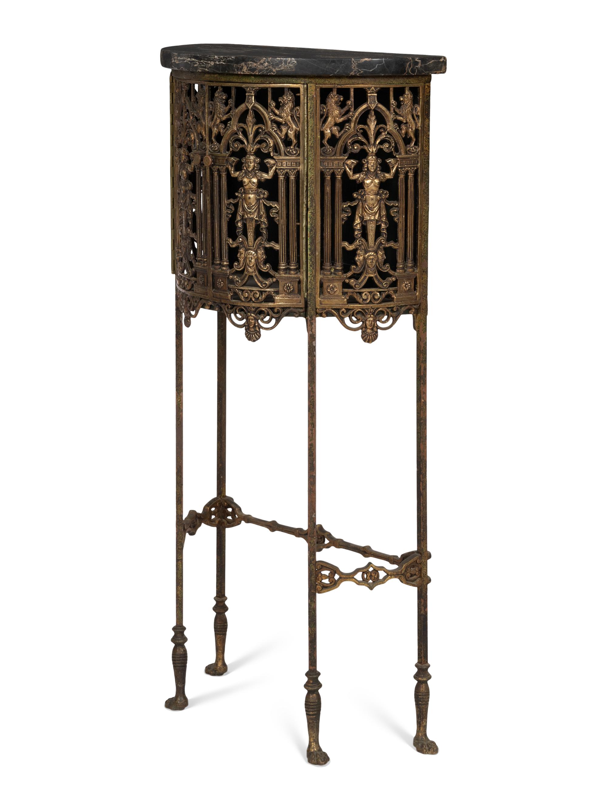 An Art Deco Demilune Gilt Iron and Brass Marble Top Cabinet