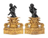 A Pair of French Gilt and Patinated Bronze Figural Chenets