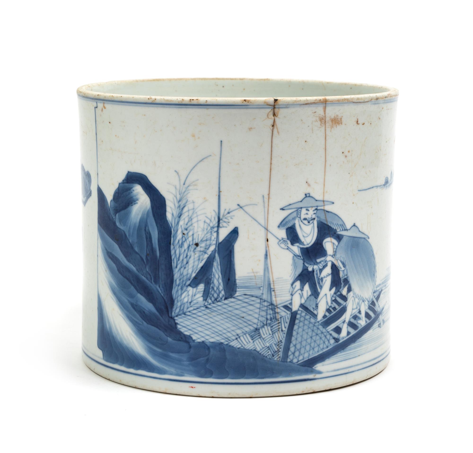 A Chinese Blue and White Porcelain Brushpot, Bitong Height 6 1/4 inches. — KANGXI PERIOD (1662-1722)
