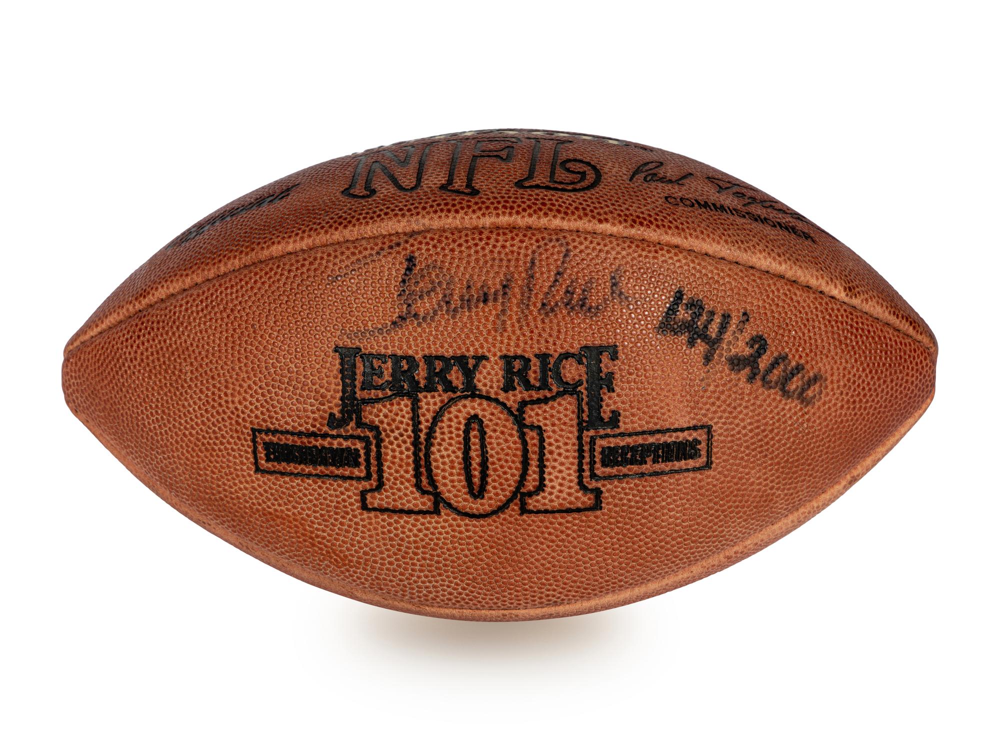 A Jerry Rice Signed Autograph Commemorative Football and 1993 Topps Stadium Club Members Only Complete Set with Autographed Record Breaker Card,